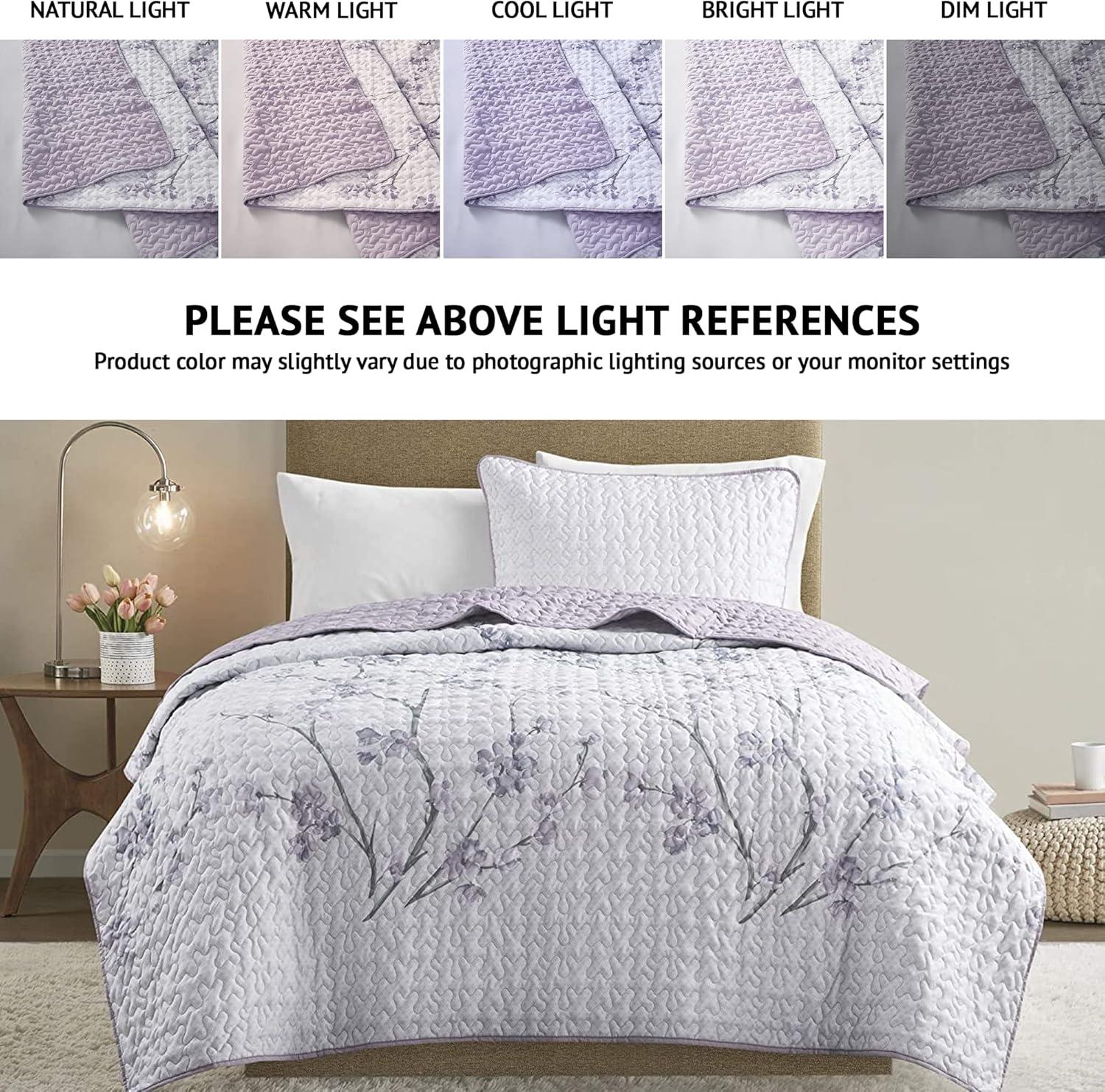 Comfort Spaces Reversible Twin/TwinXL Quilt Set Gray/Purple Lightweight Microfiber Vermicelli Stitching Bedspread, 2pcs