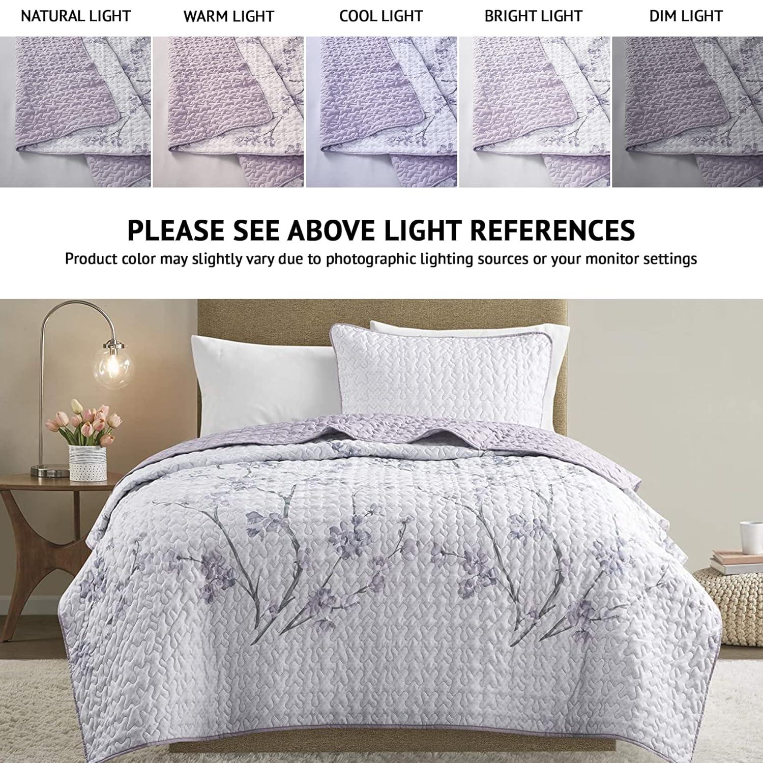 Comfort Spaces Reversible Twin/TwinXL Quilt Set Gray/Purple Lightweight Microfiber Vermicelli Stitching Bedspread, 2pcs