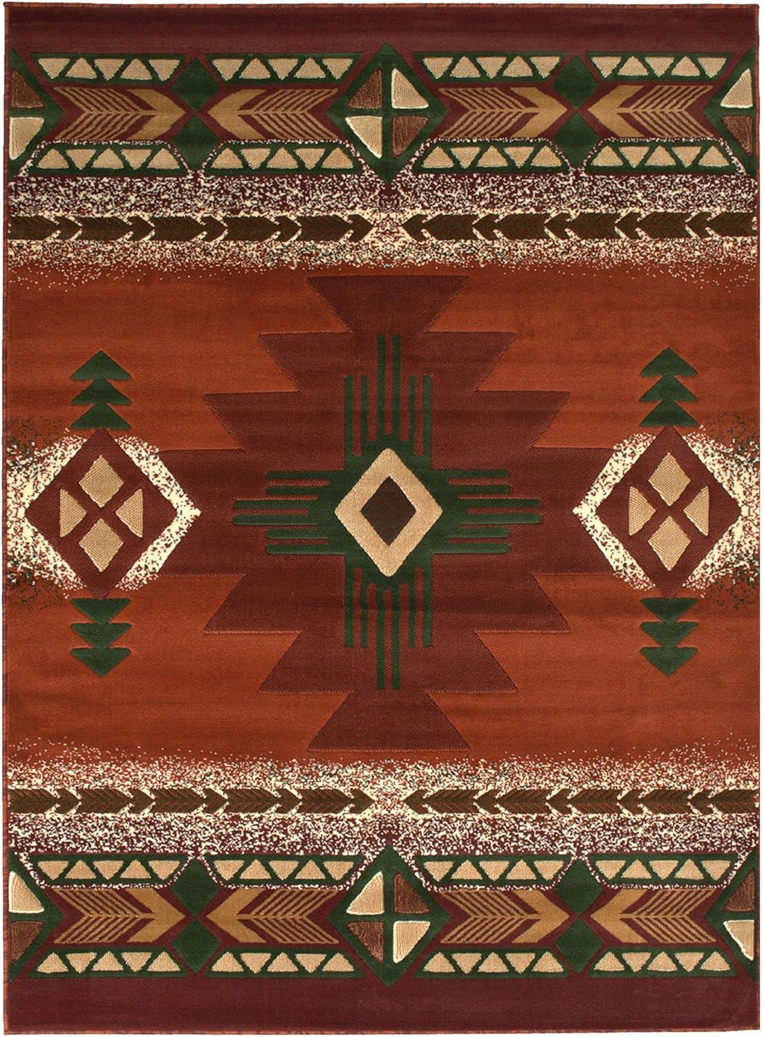 Rust and Green Geometric Synthetic 5' x 7' Area Rug