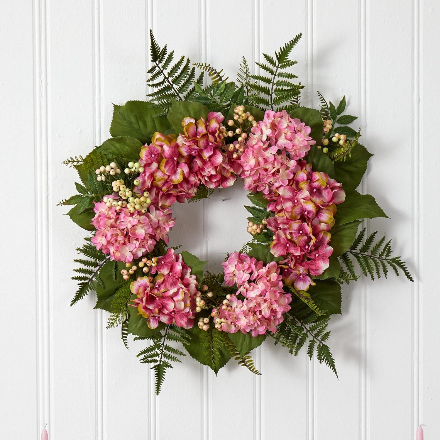 Nearly Natural 24" Artificial Hydrangea & Berry Wreath Pink - : Faux Floral Decor, Indoor Spring/Summer Display