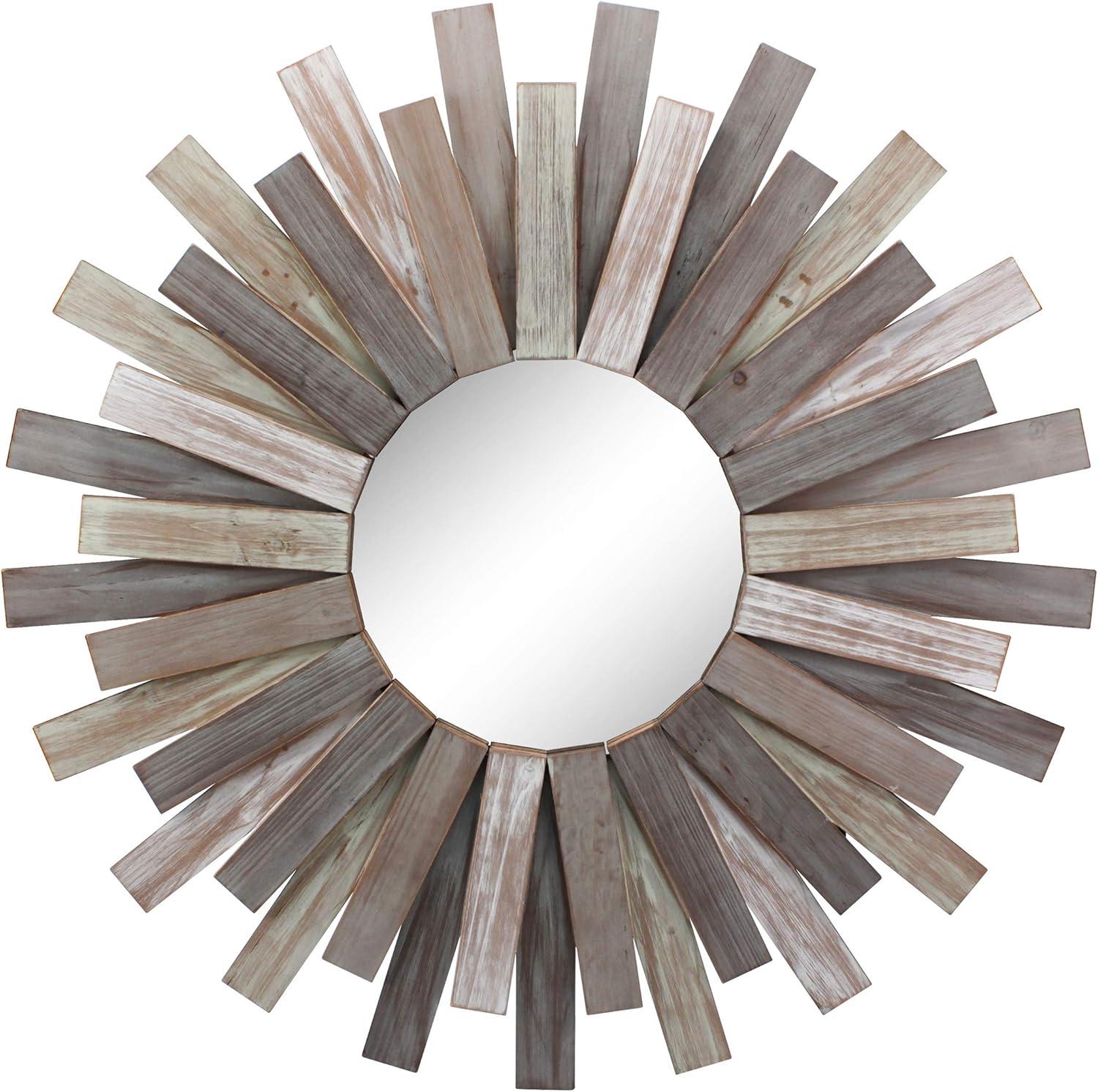 Rustic Wooden Sunburst Round Wall Mirror, 34.65" Height