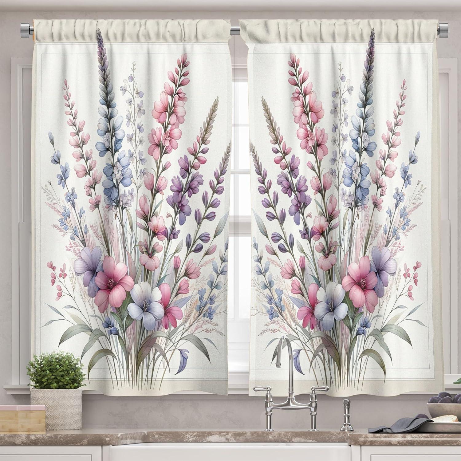 Ambesonne Cottagecore Valance & Curtain 3 Pcs Set, Pastel Colored Floral, 55"x24", Rose Lilac and Sage Green