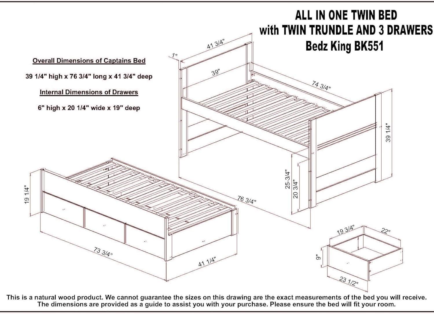 Rustic White Twin Wood Frame Bed with Trundle and Storage Drawers