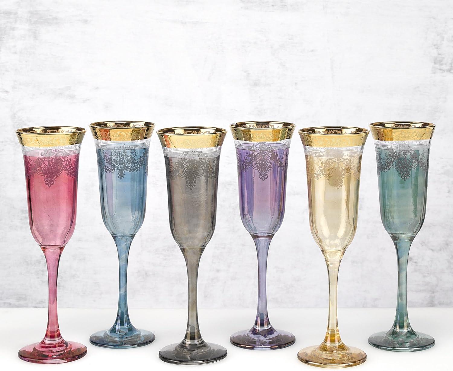 Multicolor Tinted Glass Champagne Flutes with Gold Band, Set of 6