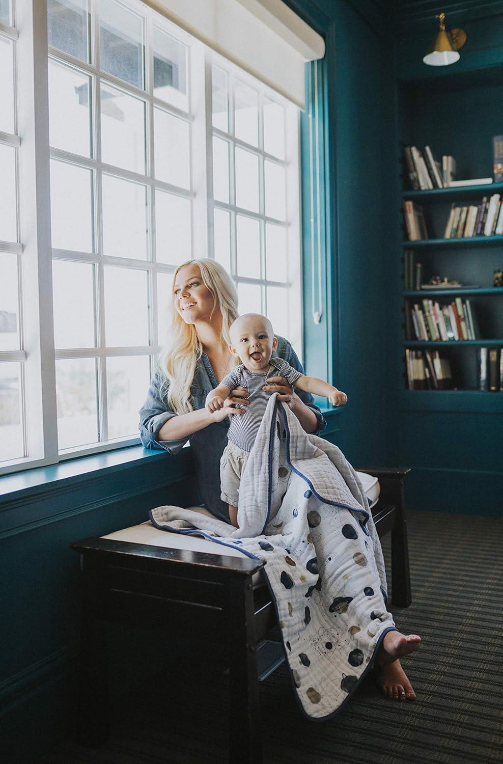 Planetary Blue Cotton Muslin Baby Quilt Blanket