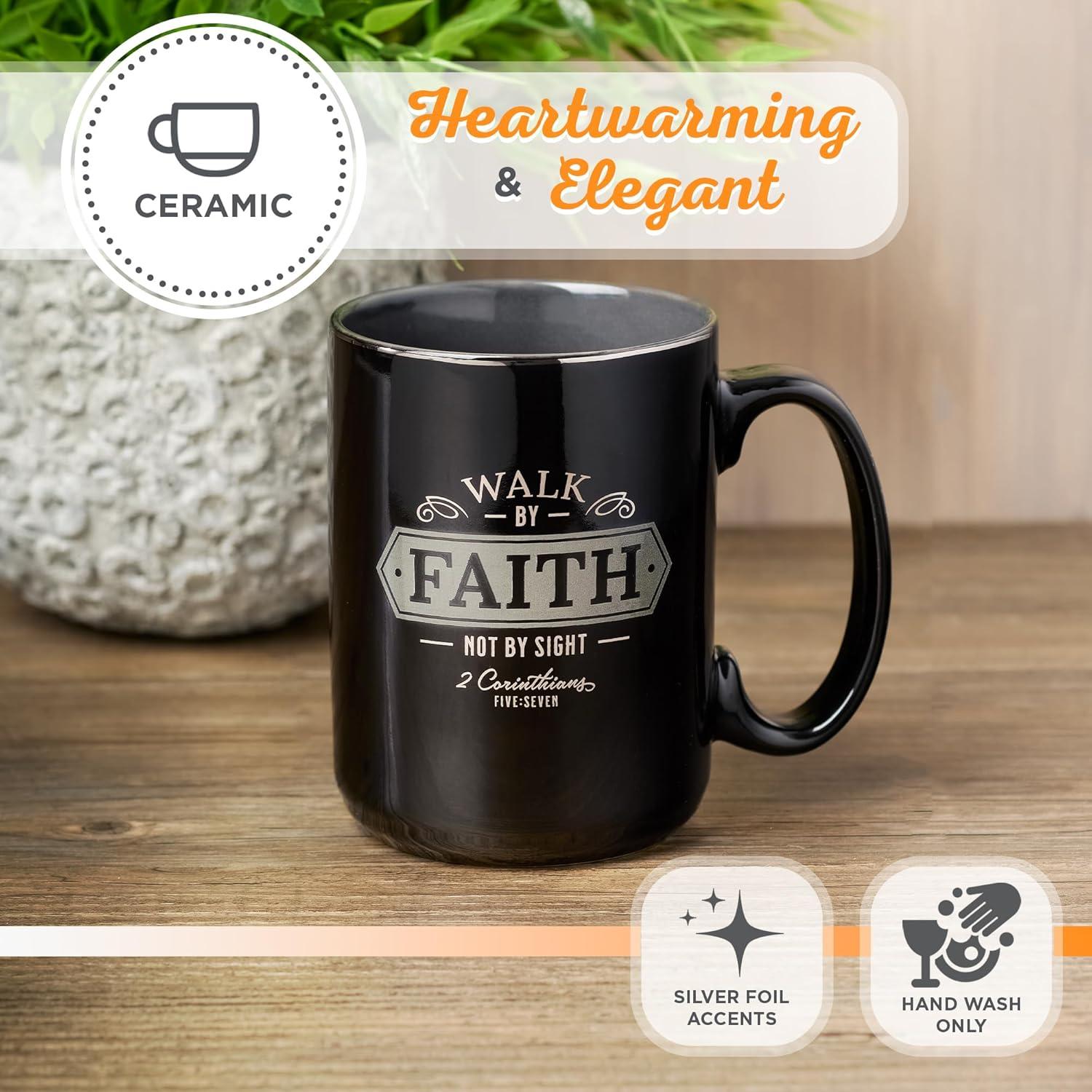 Christian Art Gifts Large Ceramic Bible Verse Coffee & Tea Mug for Men: Walk by Faith - 2 Corinthians 5:7 Inspirational Scripture, Non-toxic & Lead-free Novelty Drinkware, Black/Gray w/Silver, 14 oz.