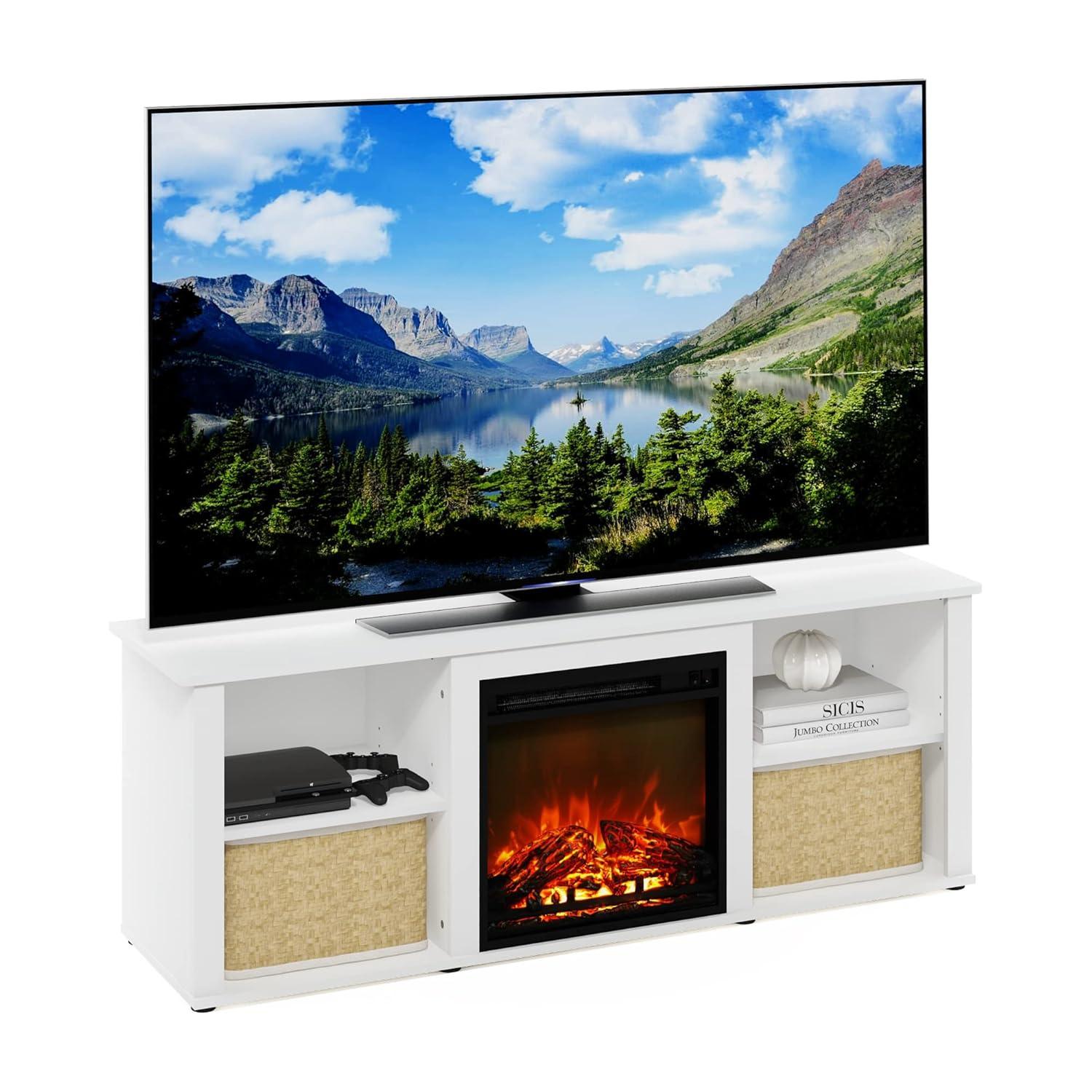 Furinno Montale 60 Inch TV Stand with Fireplace, Solid White