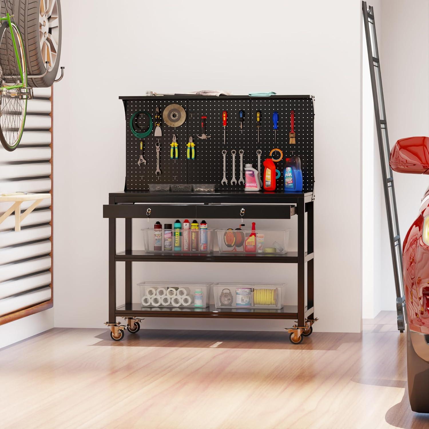 Black Heavy-Duty Steel Garage Workbench with Pegboard and Drawers