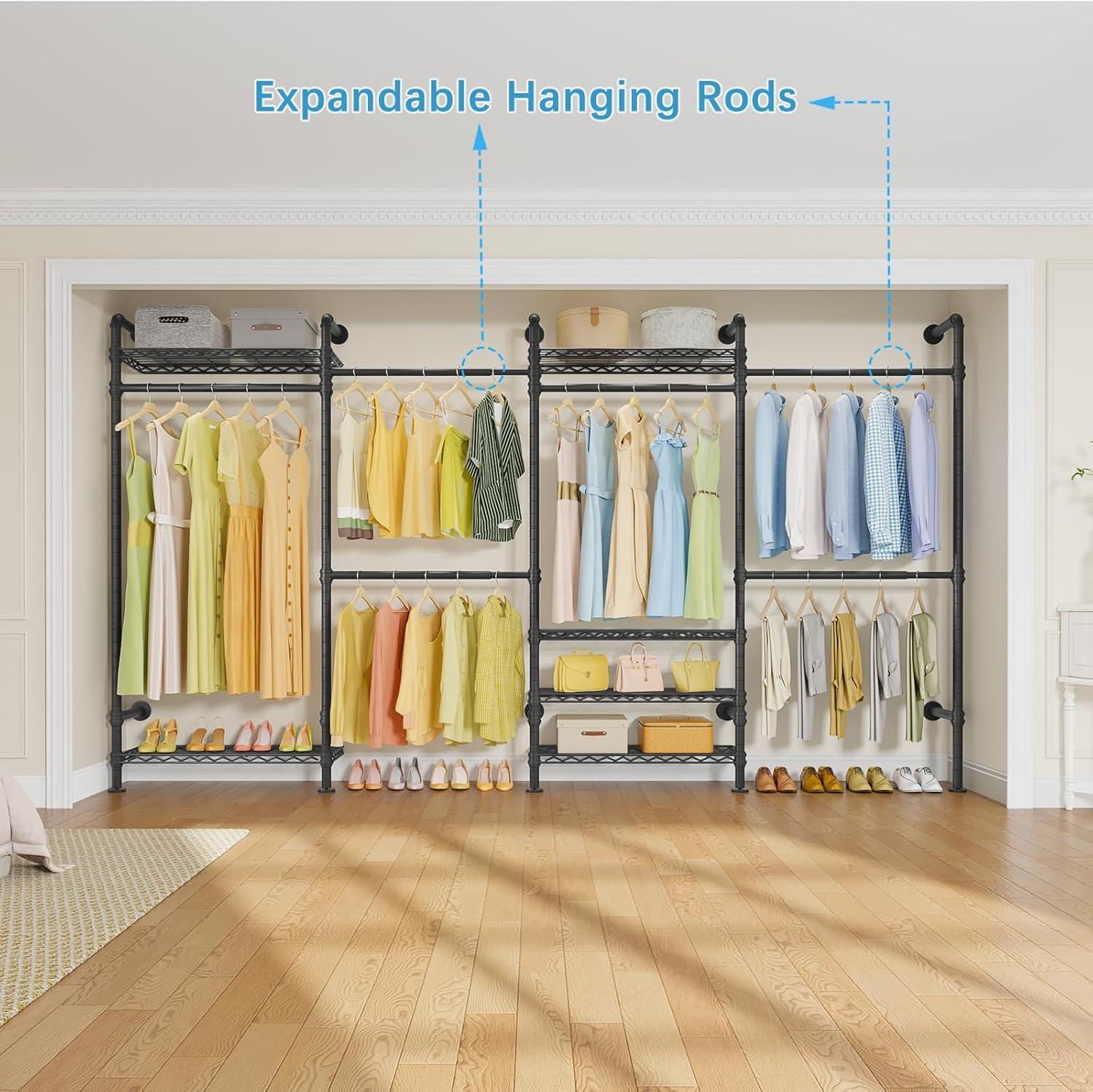Timate F4 Wall Mounted Clothes Rack Industrial Pipe Clothing Rack , Expandable Garment Rack Heavy Duty Wardrobe Closet, Adjustable Closet, Black