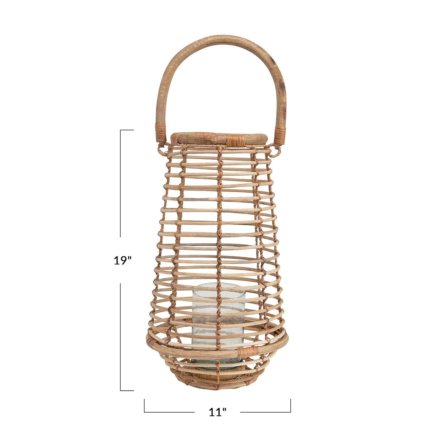 Bloomingville Handmade Rattan Tapered Lantern with Handle & Glass Insert, Natural (Holds 3" Pillar)