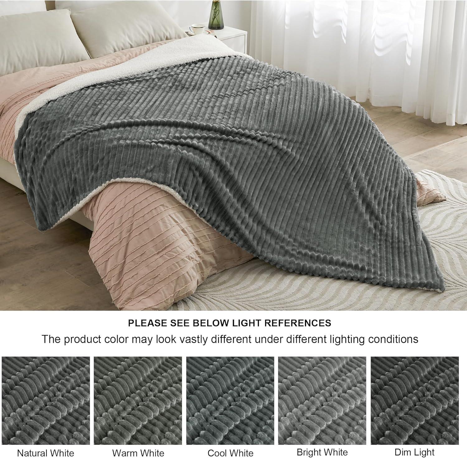 INFIIXSO Sherpa Fleece Queen Size Blanket - Super Soft & Warm Striped Fleece, Cozy Plush Fluffy Large Bed Blanket All Season Use (Grey, 90x90 Inches