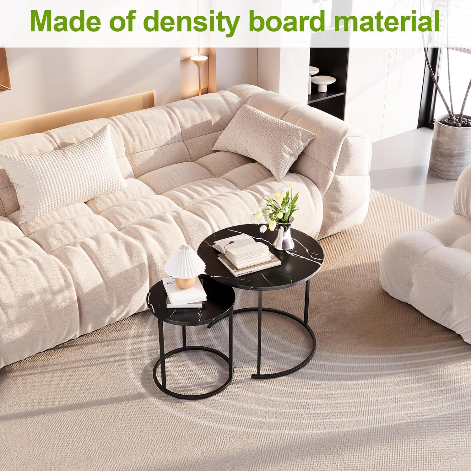 Yesfashion Nesting Coffee Table Set Of 2, 27.6" Round Coffee Table Wood Top With Sturdy Metal Frame, End Table Side Tables For Living Room Bedroom Balcony Yard