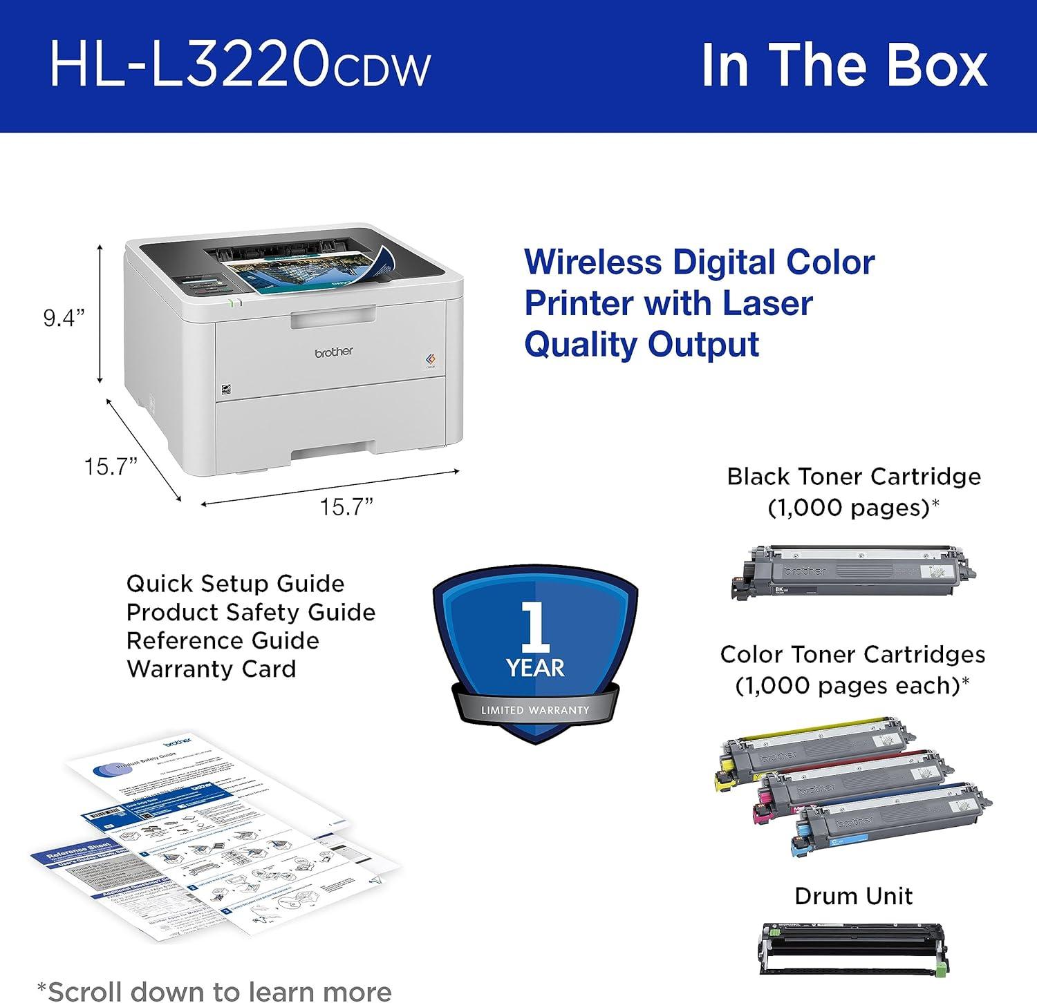 Brother HL-L3220CDW Wireless Compact Digital Color Printer with Laser Quality Output, Duplex and Mobile Device Printing