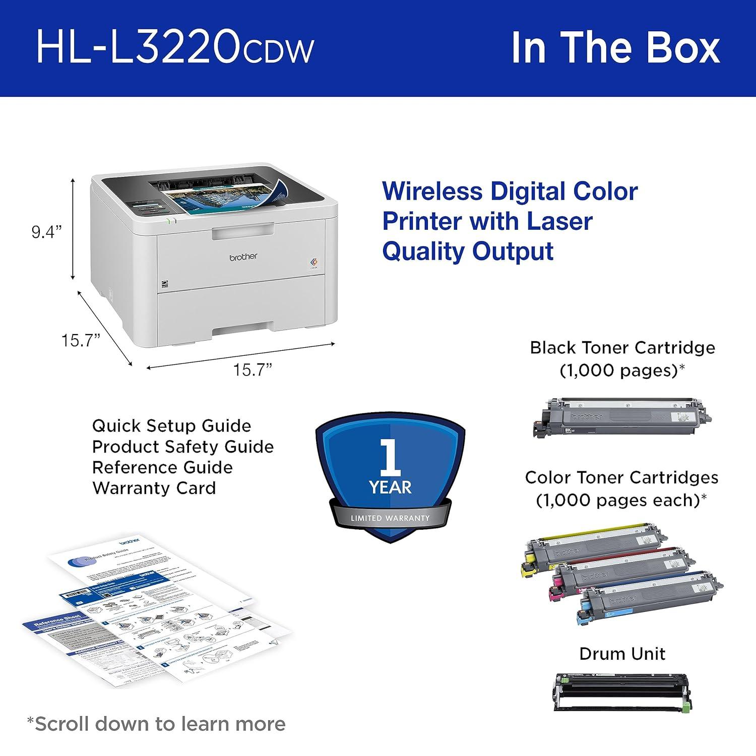 Brother HL-L3220CDW Wireless Compact Digital Color Printer with Laser Quality Output, Duplex and Mobile Device Printing