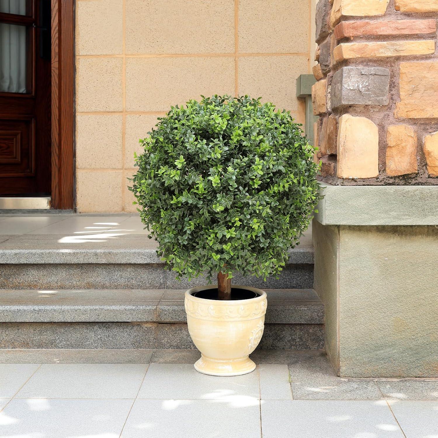 JepoIA Artificial Boxwood Topiary Tree Set of 2, Artificial UV Resistant Bushes, Faux Potted Tree, Plant in Pot w/Dried Moss, Fake Shrubs for Indoor, Front Porch, Outdoor, w/Orange Flower