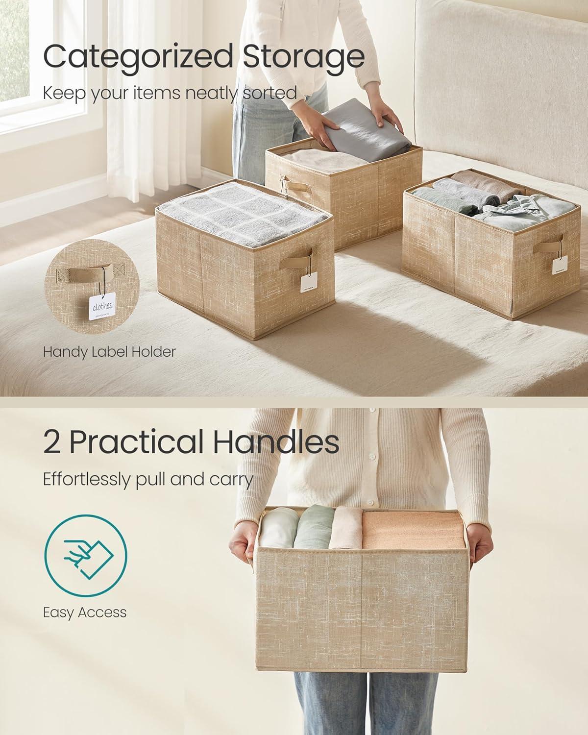 SONGMICS Storage Baskets, Set of 3 Fabric Storage Bins, 15.7 x 11.8 x 9.5 Inches, Foldable Closet Organizer for Shelves, 2 Handles, Label Holders, for Bedroom, Living Room, Sand Beige UROB440K01