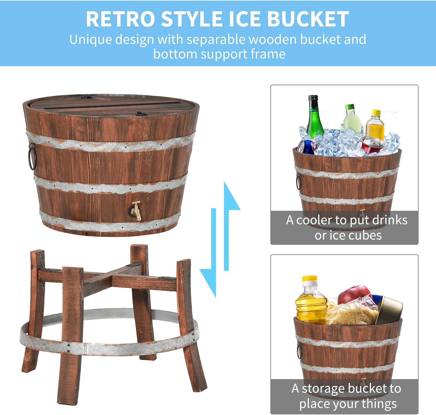 Outsunny 13 Gallons Retro Style Wooden Cooler Ice Bucket with Support Frame, Foldable Flip Cover, and Drain Faucet