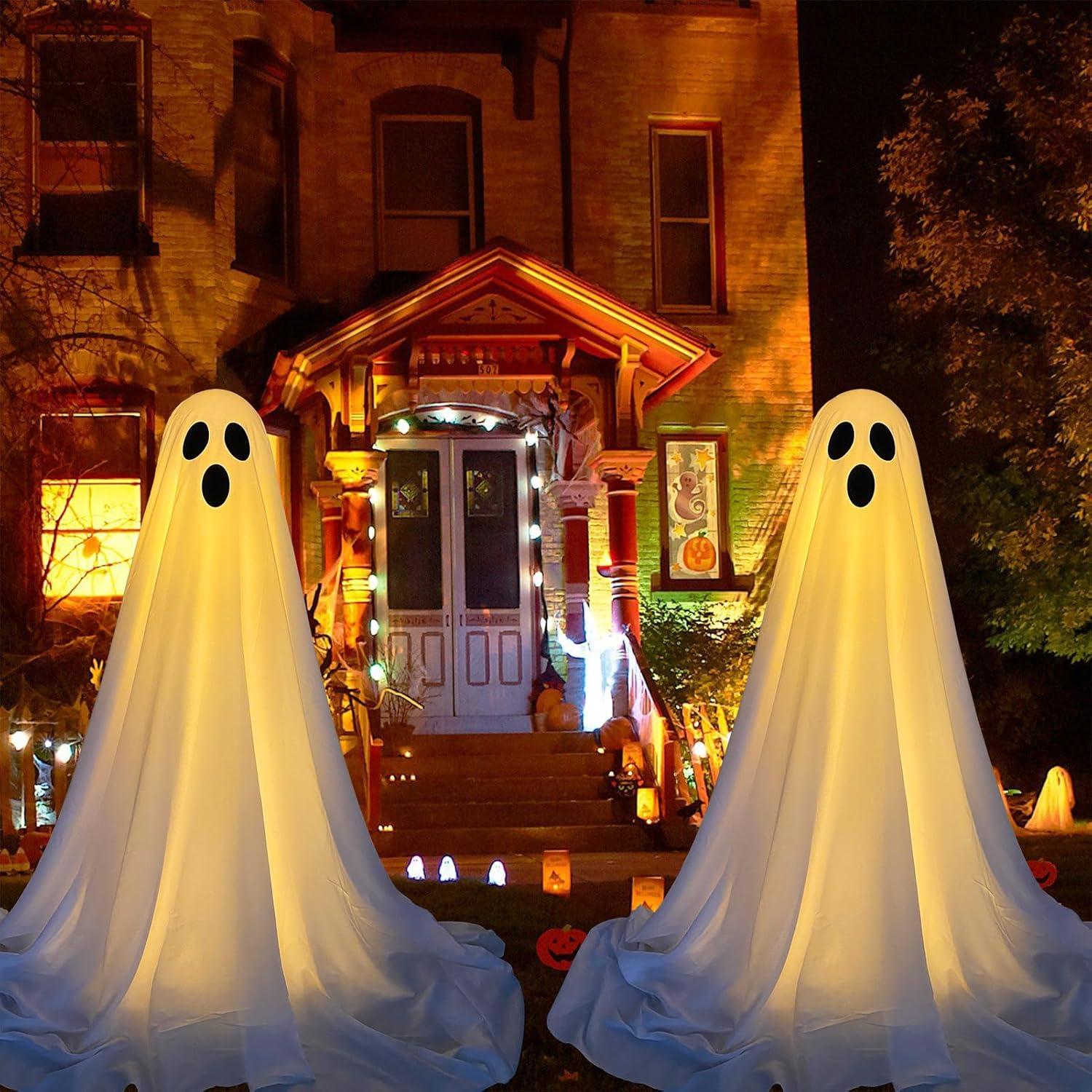 2Packs Halloween Decorations Outdoor, Cute Halloween Decorations Indoor, Spooky Ghost Halloween Decor with Witch Hat, Scary Ghosts Decor with String Lights for Front Porche Yard Garden Home