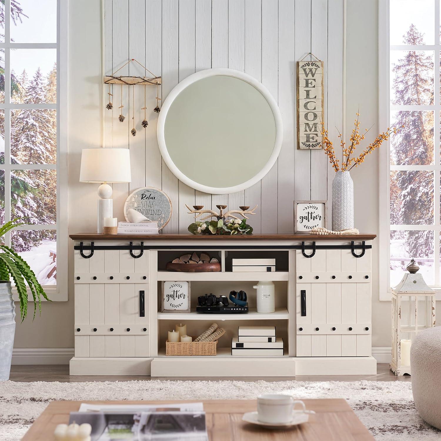 OKD 75" Wide Farmhouse Barn Door TV Stand for TVs up to 85", Entertainment Center with Wood Barn Door Storage Console, Dark Rustic Oak