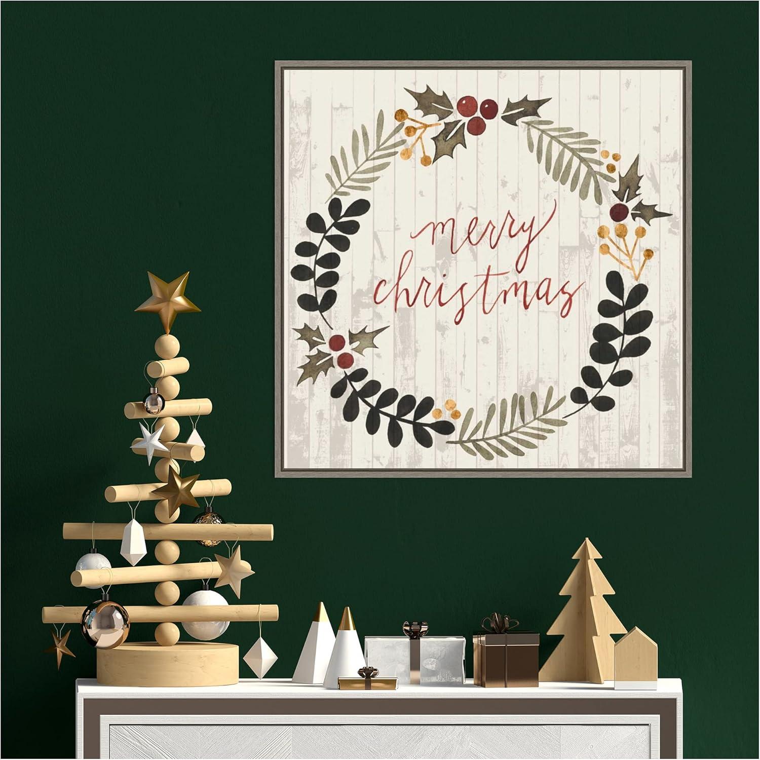 Rustic Christmas Wreath Canvas Art with Greywash Frame