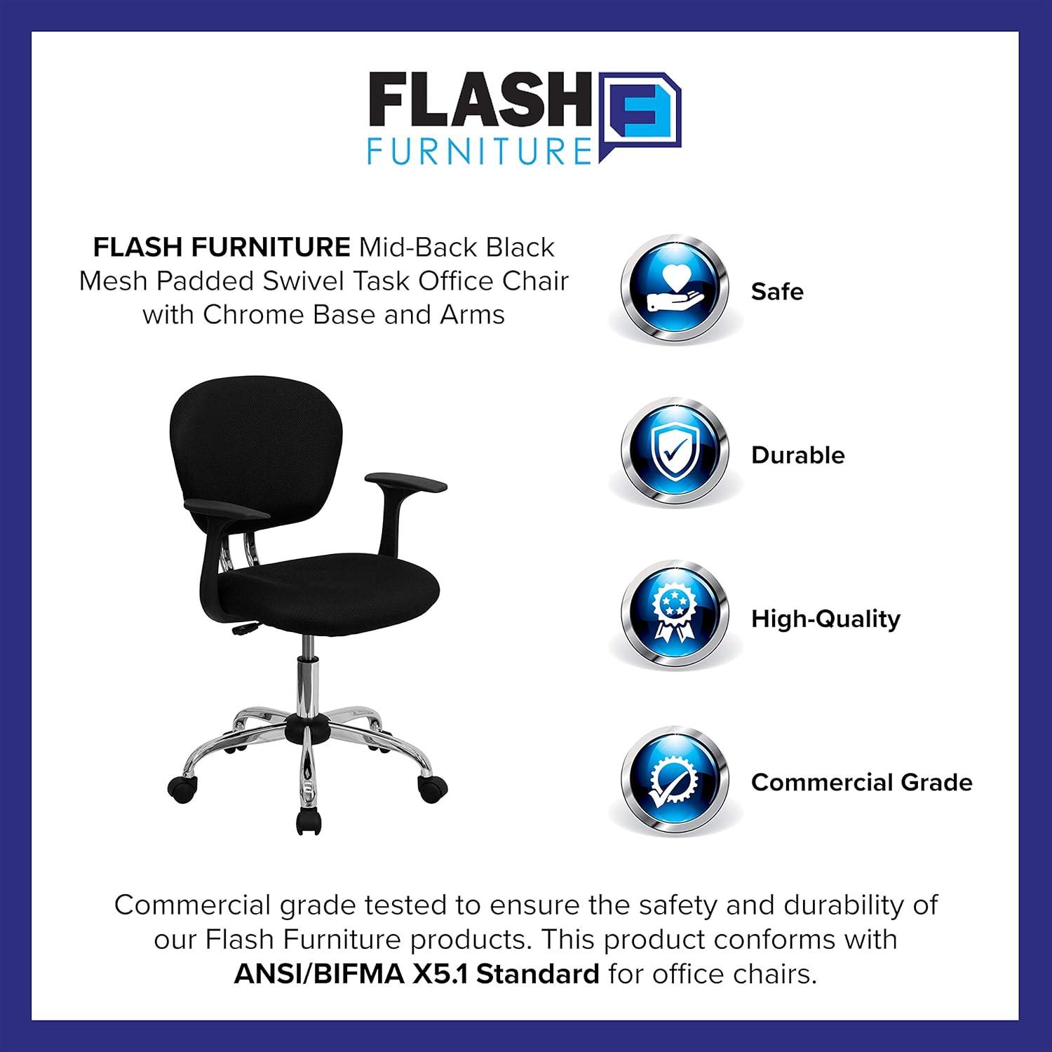 Flash Furniture Beverly Mid-Back Black Mesh Padded Swivel Task Office Chair with Chrome Base and Arms