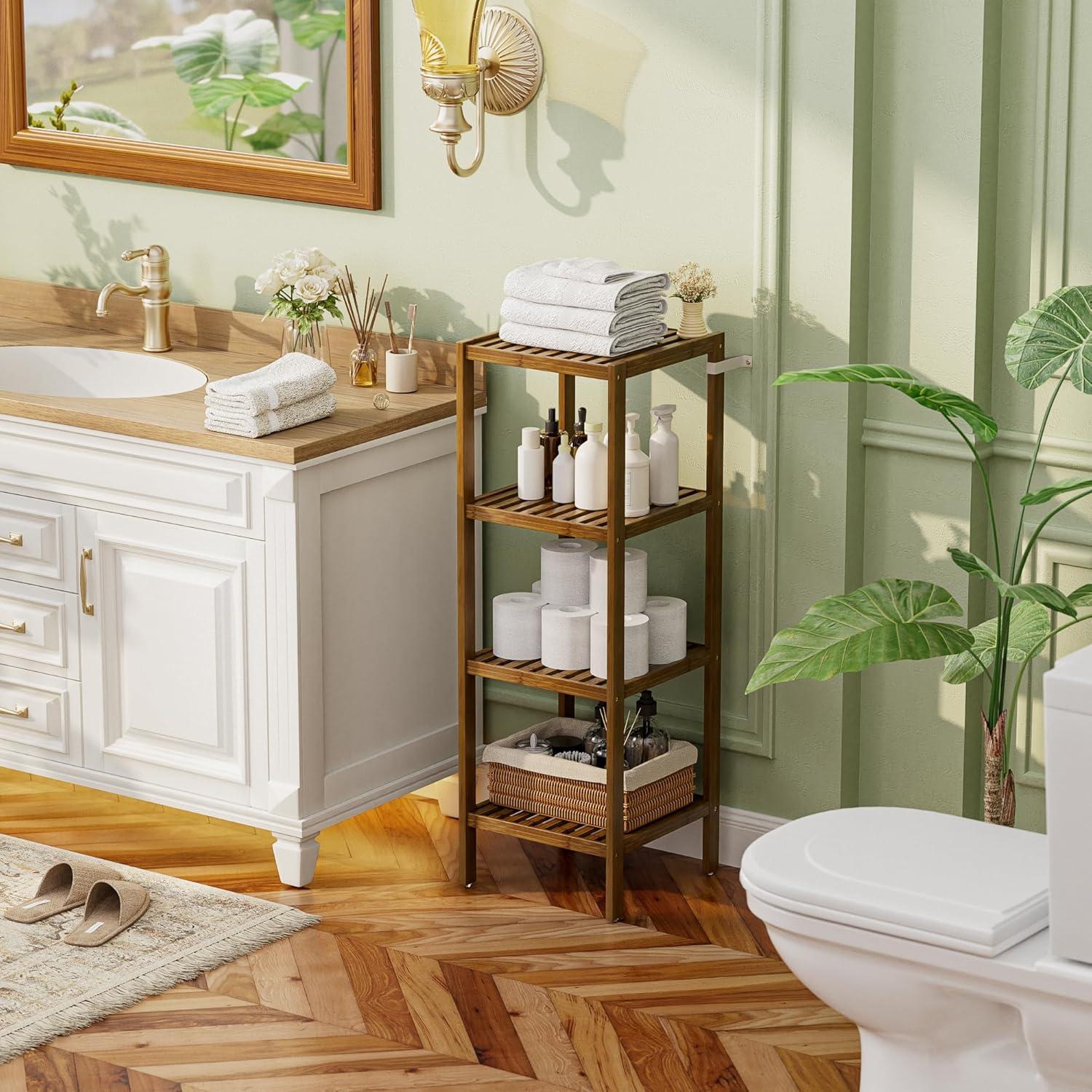 Bathroom Storage Shelf, 4-Tier Bamboo Rack Organizer, Multifunctional Shelving Unit For Living Room Bedroom Kitchen (Black)