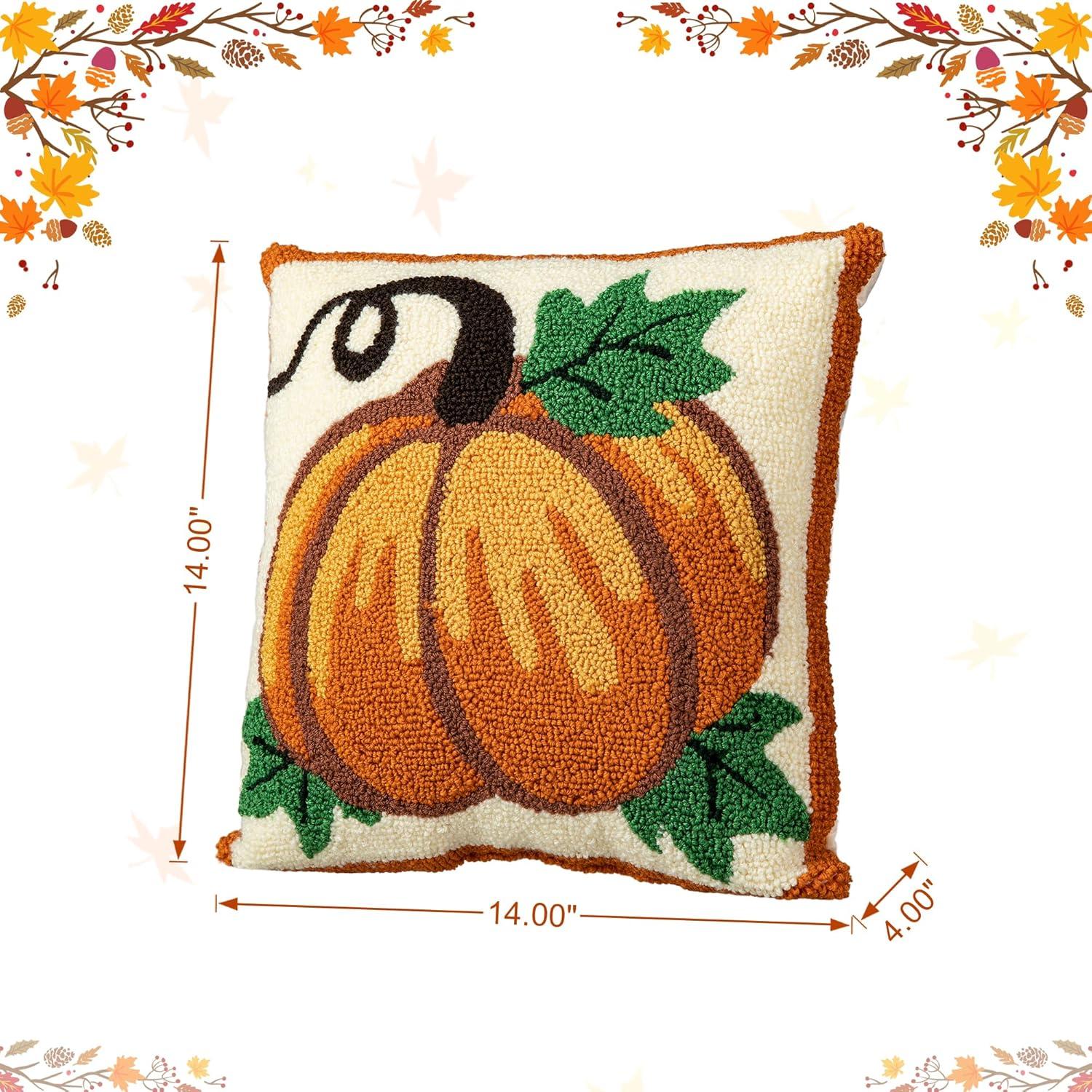 Handmade Hooked Pumpkin Fall Throw Pillow 14" x 14"