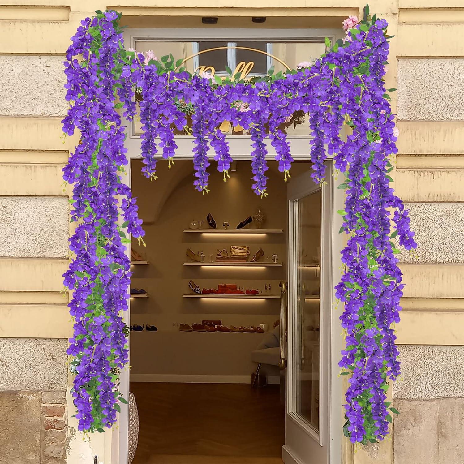 Sinhoon Wisteria Artificial Flowers Garland, 4 Pcs Total 28.8ft Artificial Wisteria Vine Silk Hanging Flower for Home Garden Outdoor Ceremony Wedding Arch Floral Decor (Light Purple)