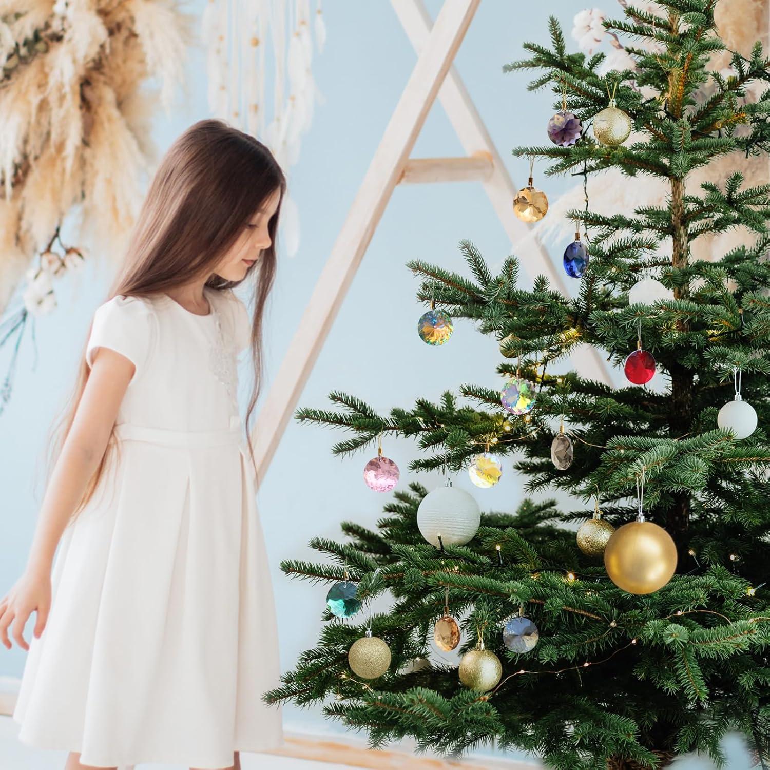 12 Pcs Crystal Glass Christmas Balls Ornaments, 1.18″ Mini Round Prism Flower Xmas Tree Decorations, Hanging Ornament for Wedding Party Home Decor (Multicolor)