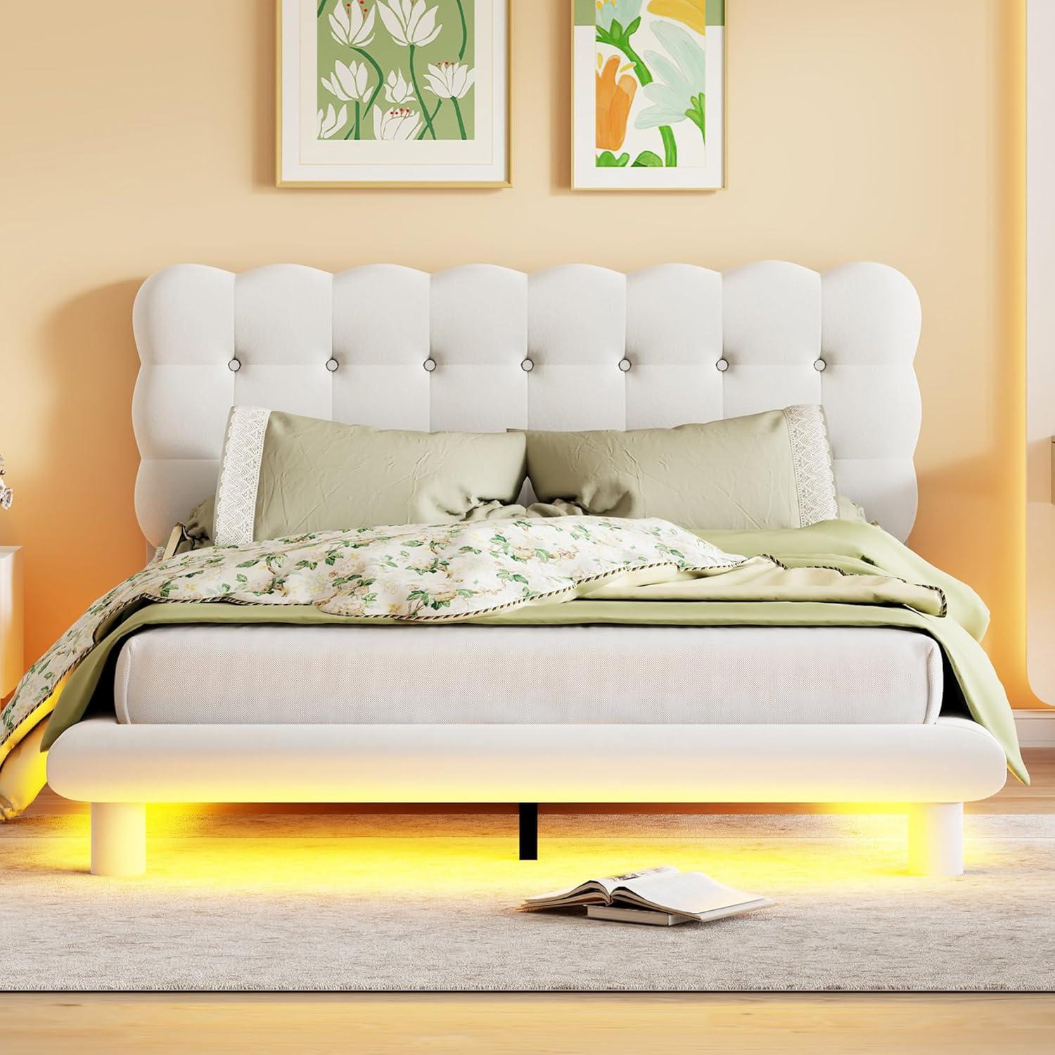 Queen Size Beige Velvet Platform Bed with LED Light and Tufted Upholstered Headboard