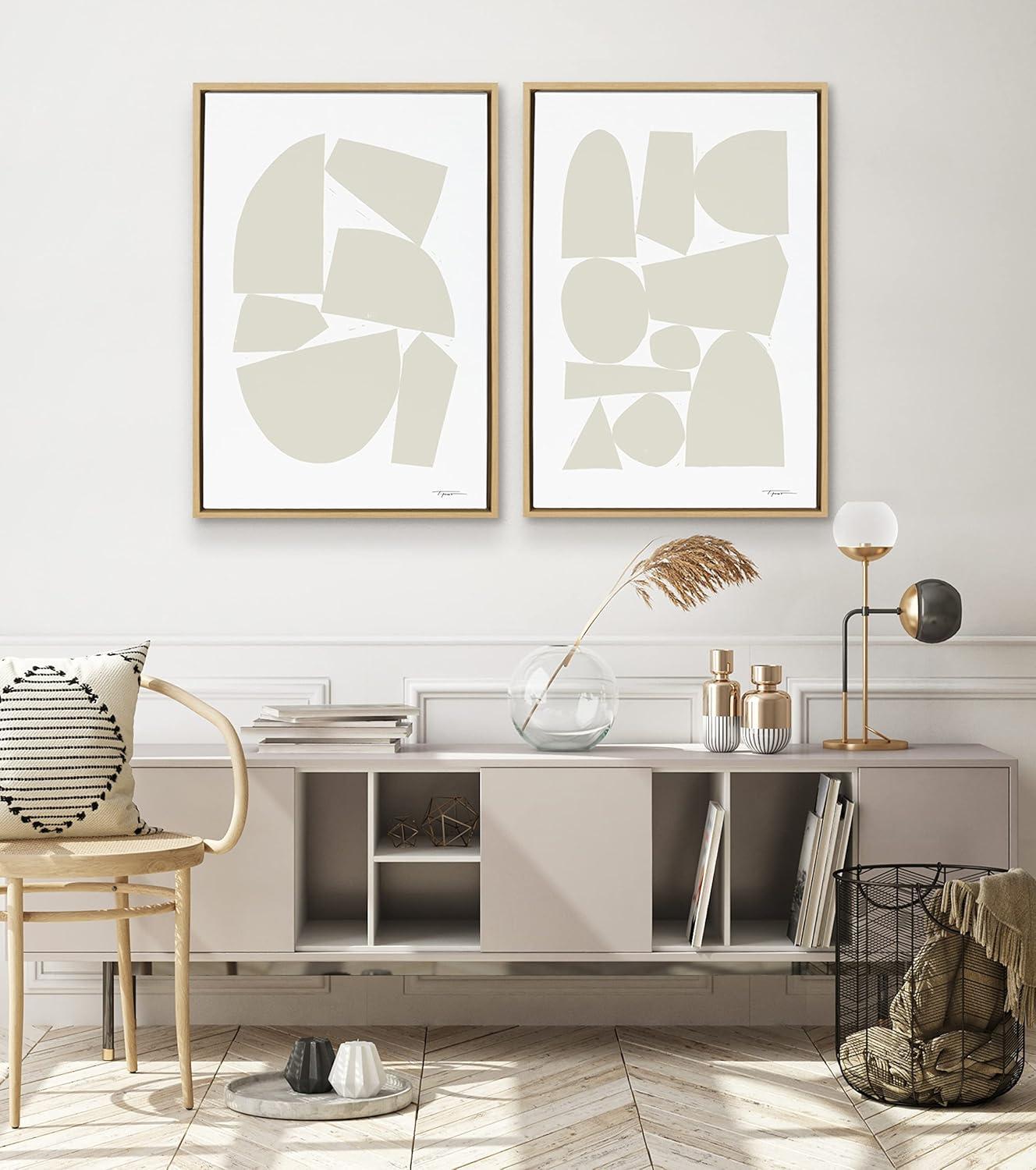 Neutral Abstract Geometric Canvas Print with Natural Frame