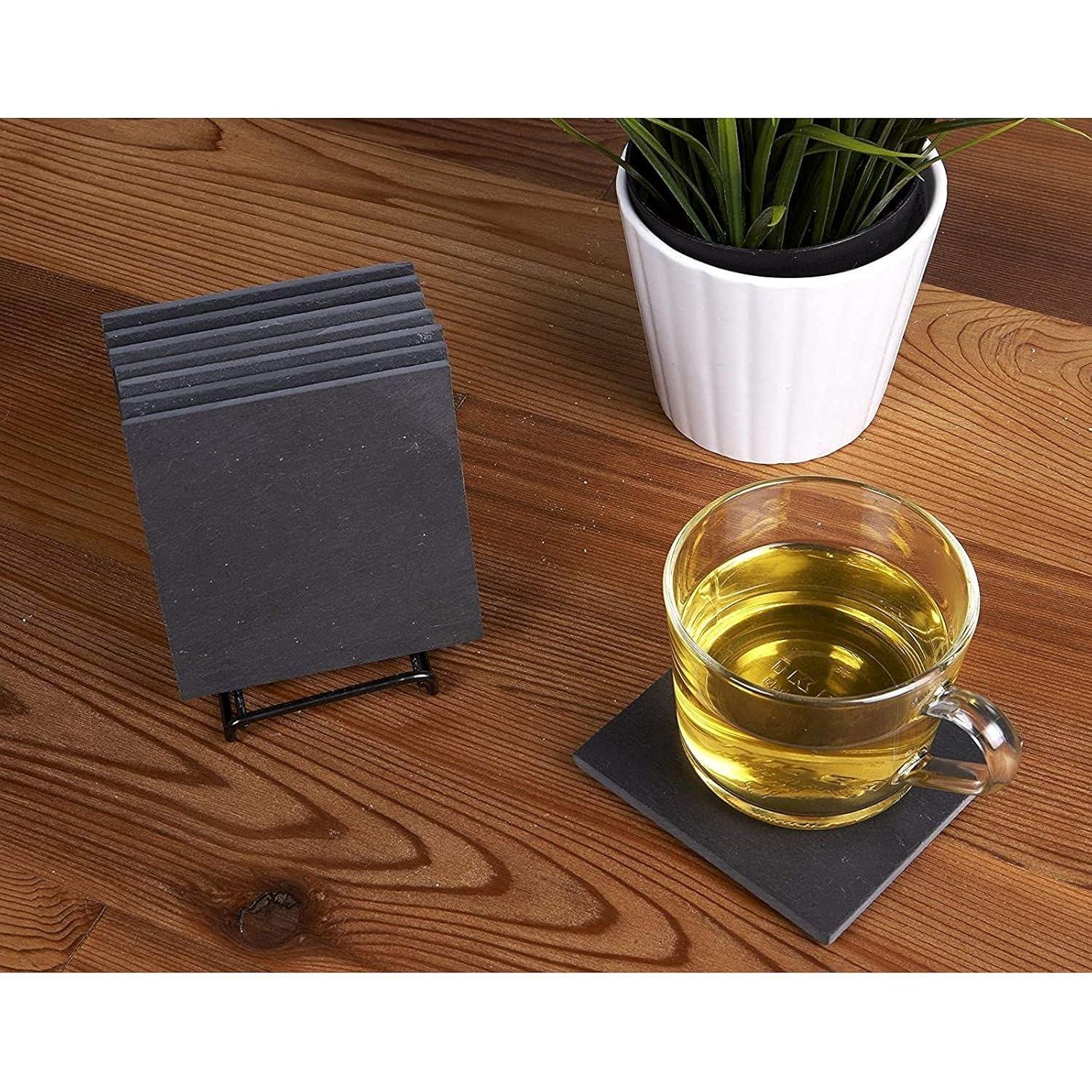 Juvale 8 Piece Set of Square Black Slate Coasters Set with Holder for Coffee Table, Office, Bar, Kitchen, Dinner Table, Home Decor