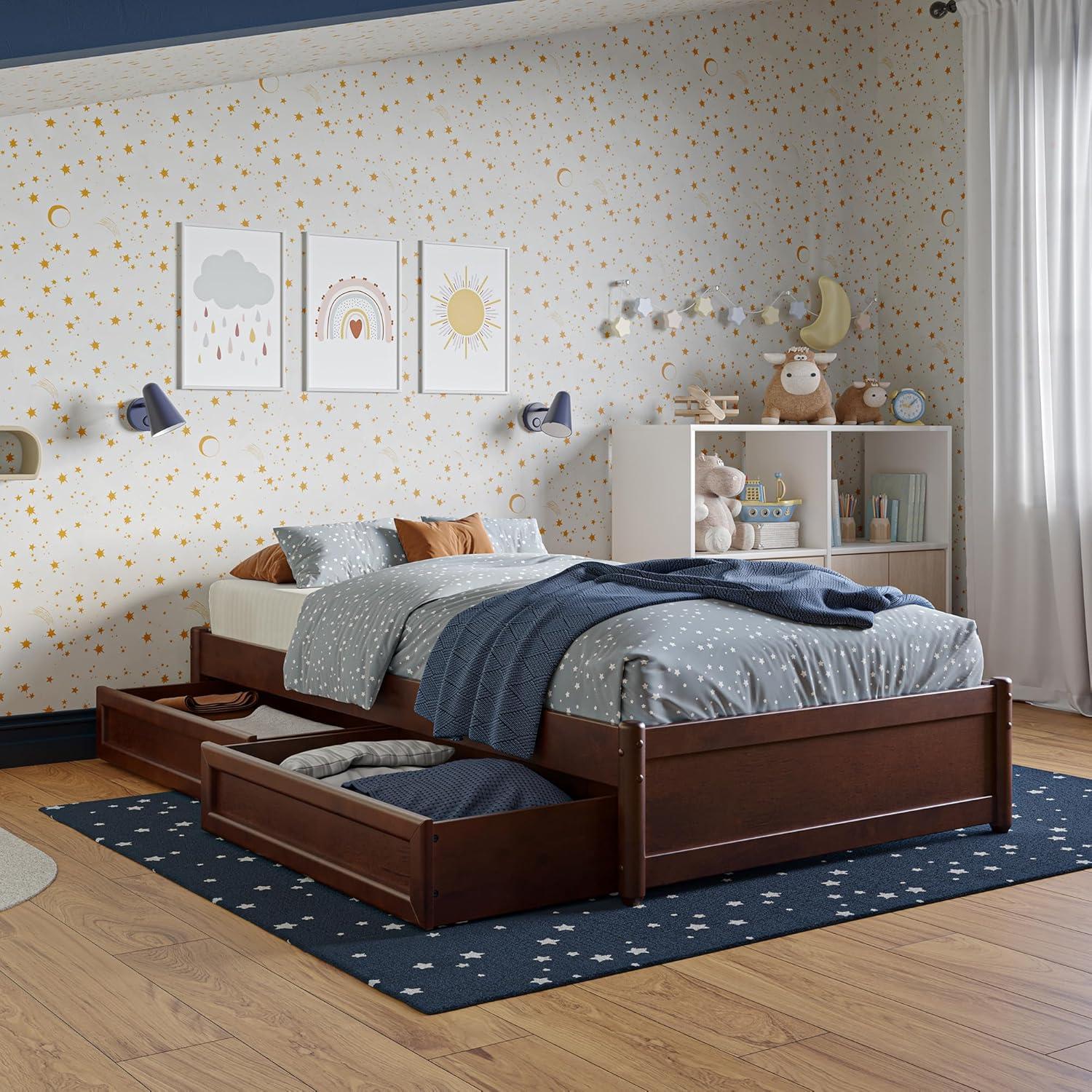 Barcelona King Solid Wood Panel Platform Bed with Storage Drawers in Walnut