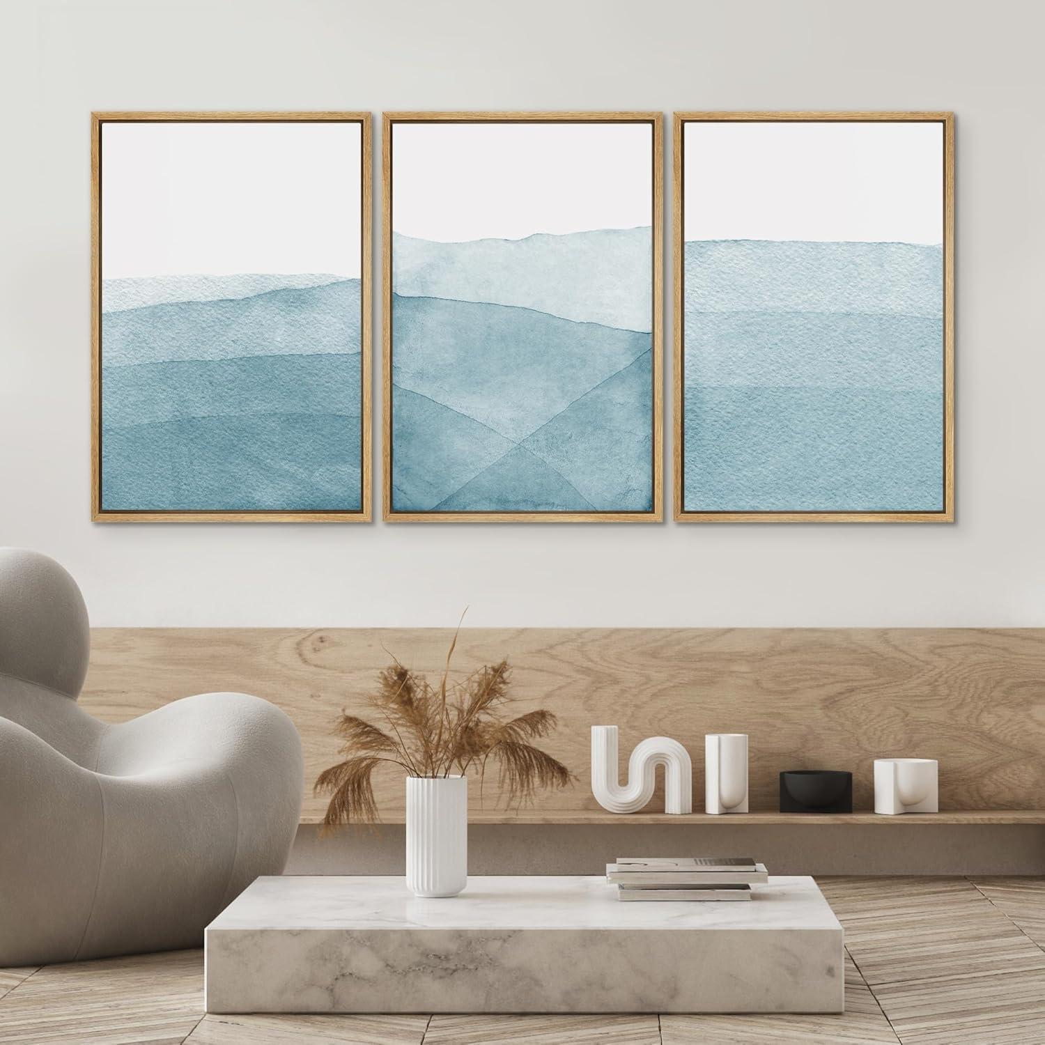 Blue Abstract Landscape Canvas Print Set with Natural Frames