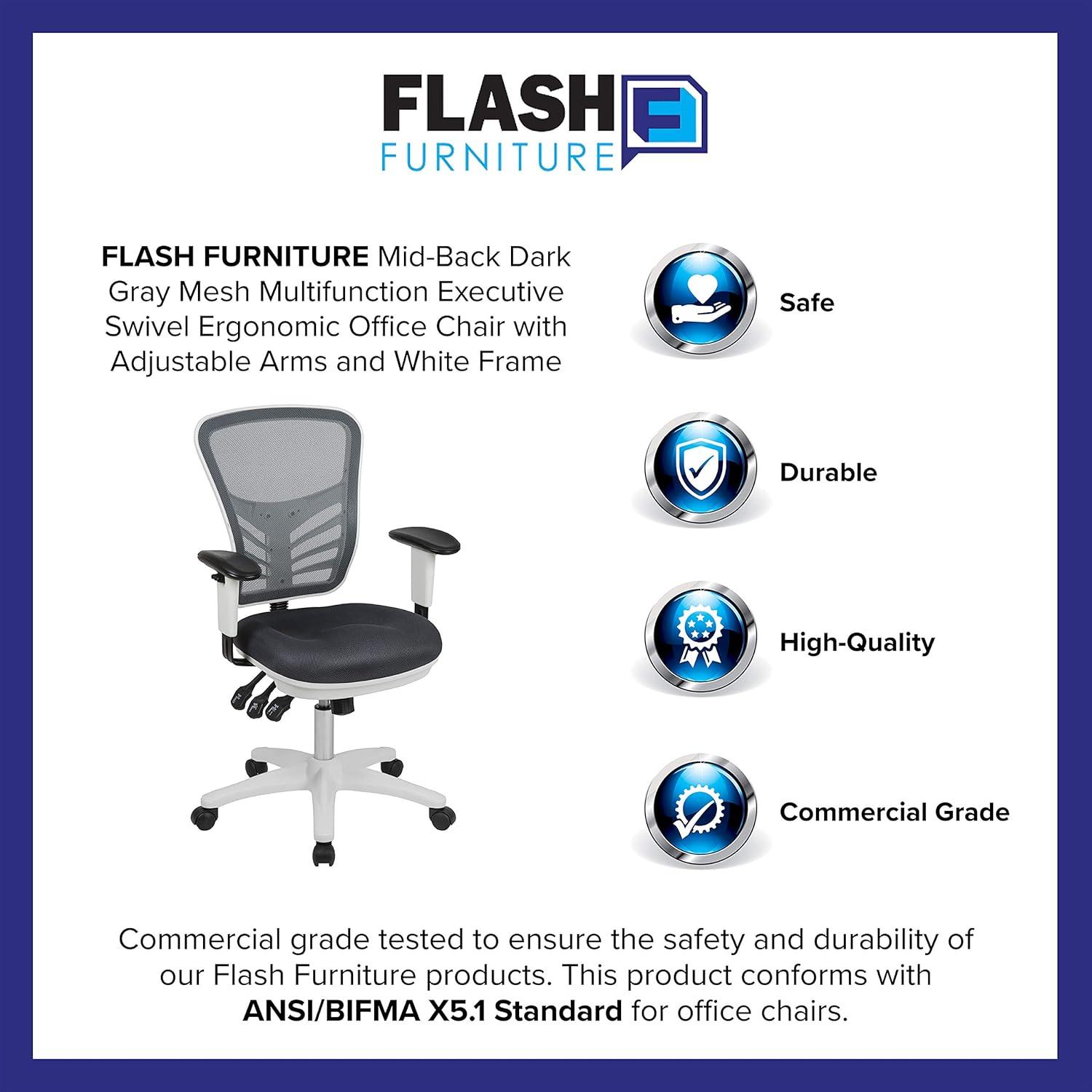 Flash Furniture Mid-Back Dark Gray Mesh Multifunction Executive Swivel Ergonomic Office Chair with Adjustable Arms and White Frame