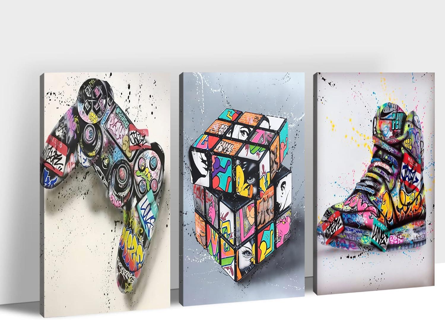 Graffiti Wall Art - Street Art Canvas Graffiti, 3 Pieces Wall Art Graffiti, Graffiti Picture Lover Hands Prints for Bedroom Decor, Pop Art Wall Decor, Modern Framed Artwork for Home Decor (24x36x3Pcs)