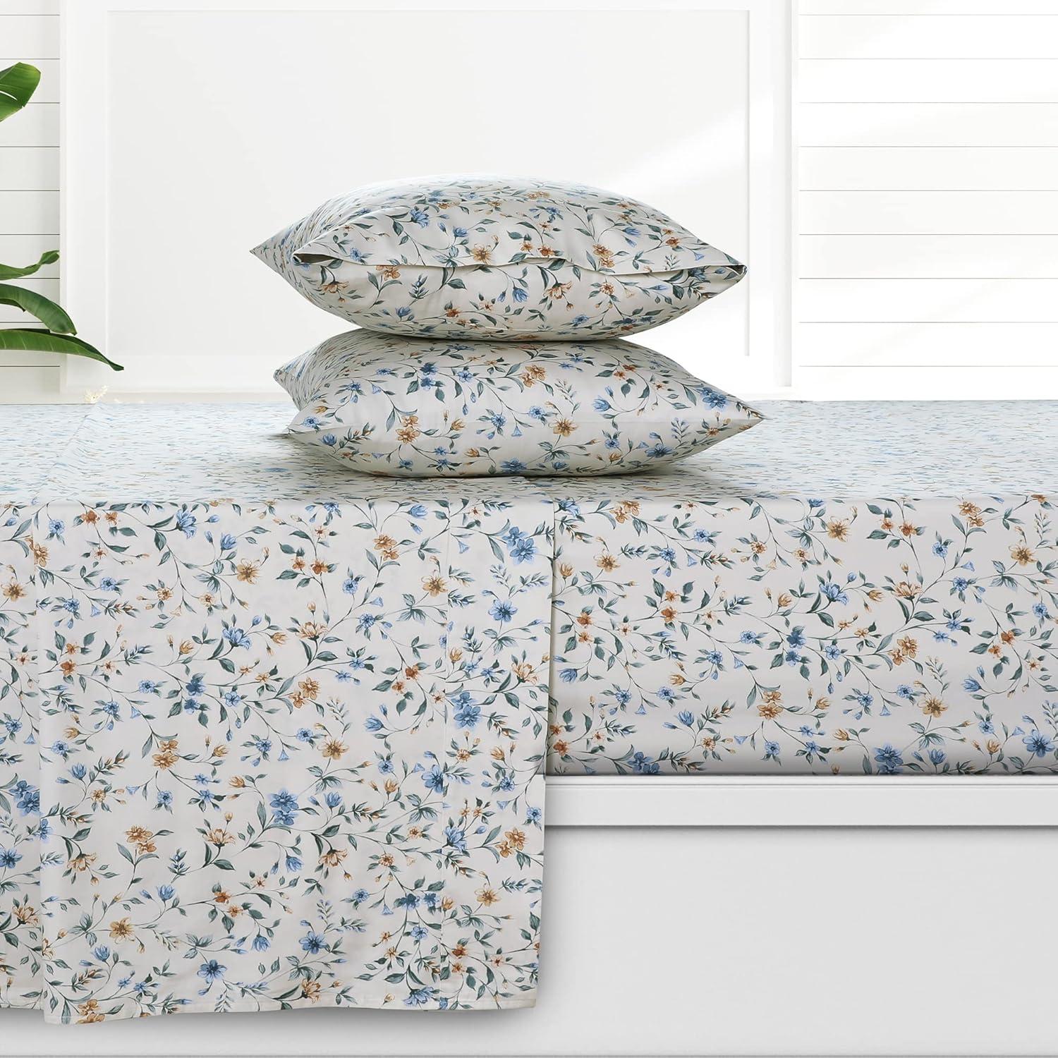 Twin 300 Thread Count Organic Cotton Deep Pocket Printed Sheet Set Carolina Cream- Azores Home