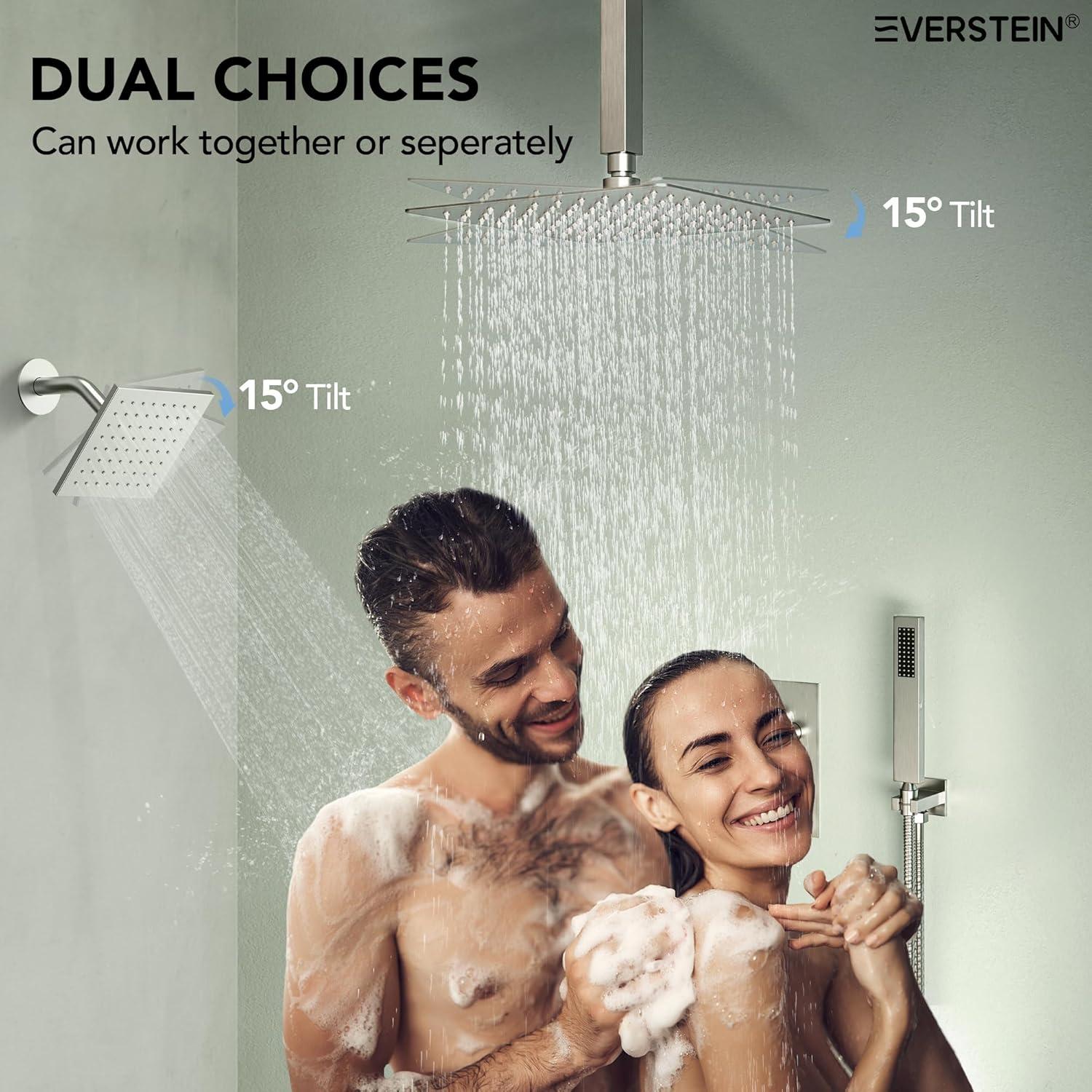 EVERSTEIN Thermostatic Rainfall Shower Faucet, 12-Inch High-Pressure Dual Showerheads System with Rough-In Valve SFS1007-NK12