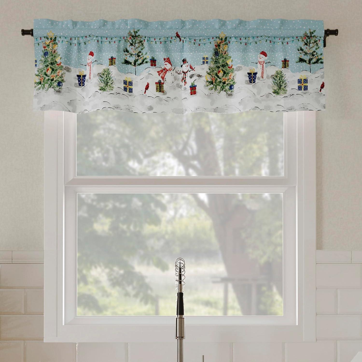 No. 918 Holiday Wonderland 1-Piece Semi-Sheer Rod Pocket Kitchen Curtains, 54"x14", Blue