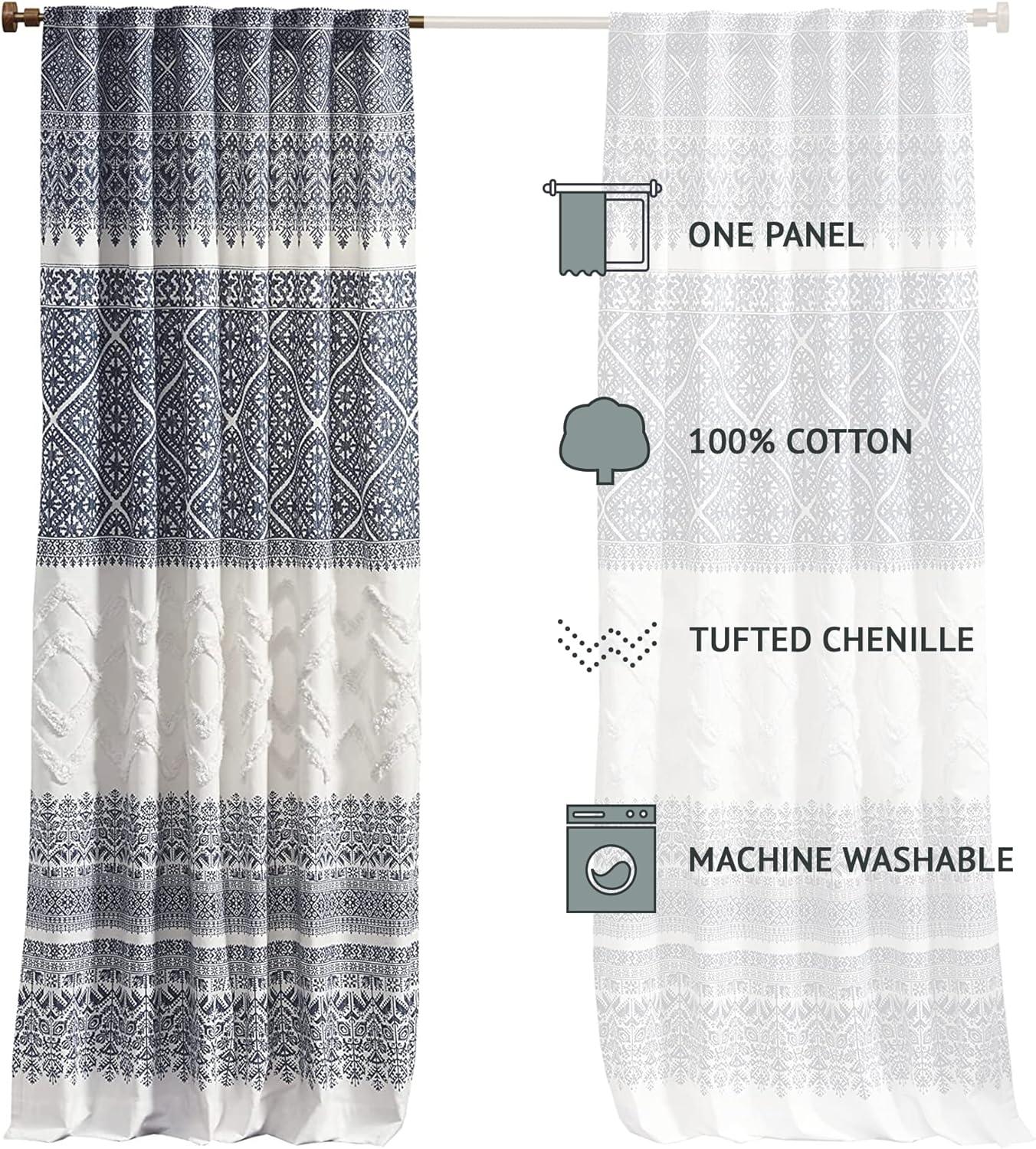 Navy and White Cotton Boho Chenille Curtain Panel