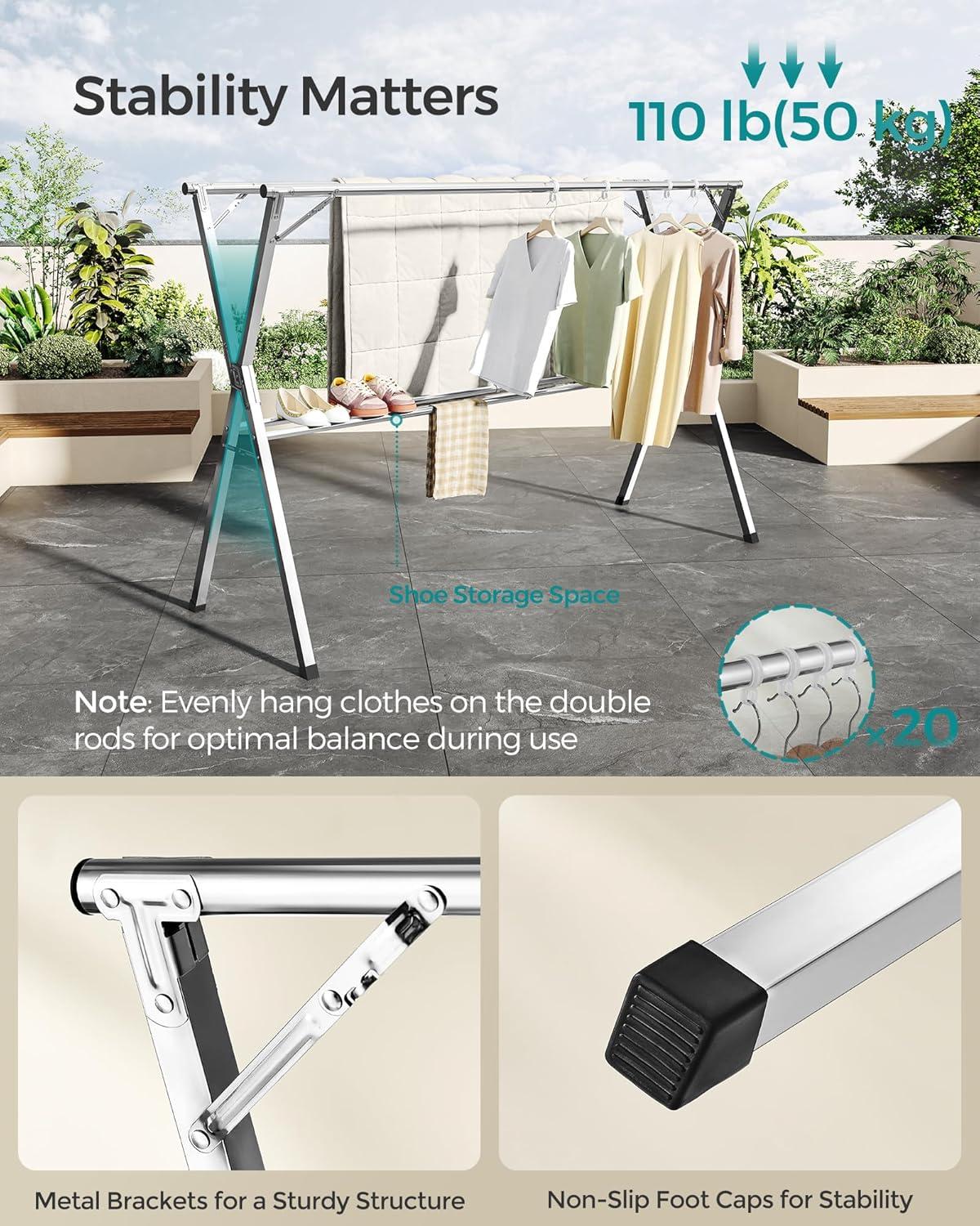 Clothes Drying Rack, Heavy-Duty Laundry Drying Rack, 52.4-78.7 Inches Extendable, Foldable Freestanding Airer, Stainless Steel, for Indoor Outdoor Use, Dove Gray ULLR902E01