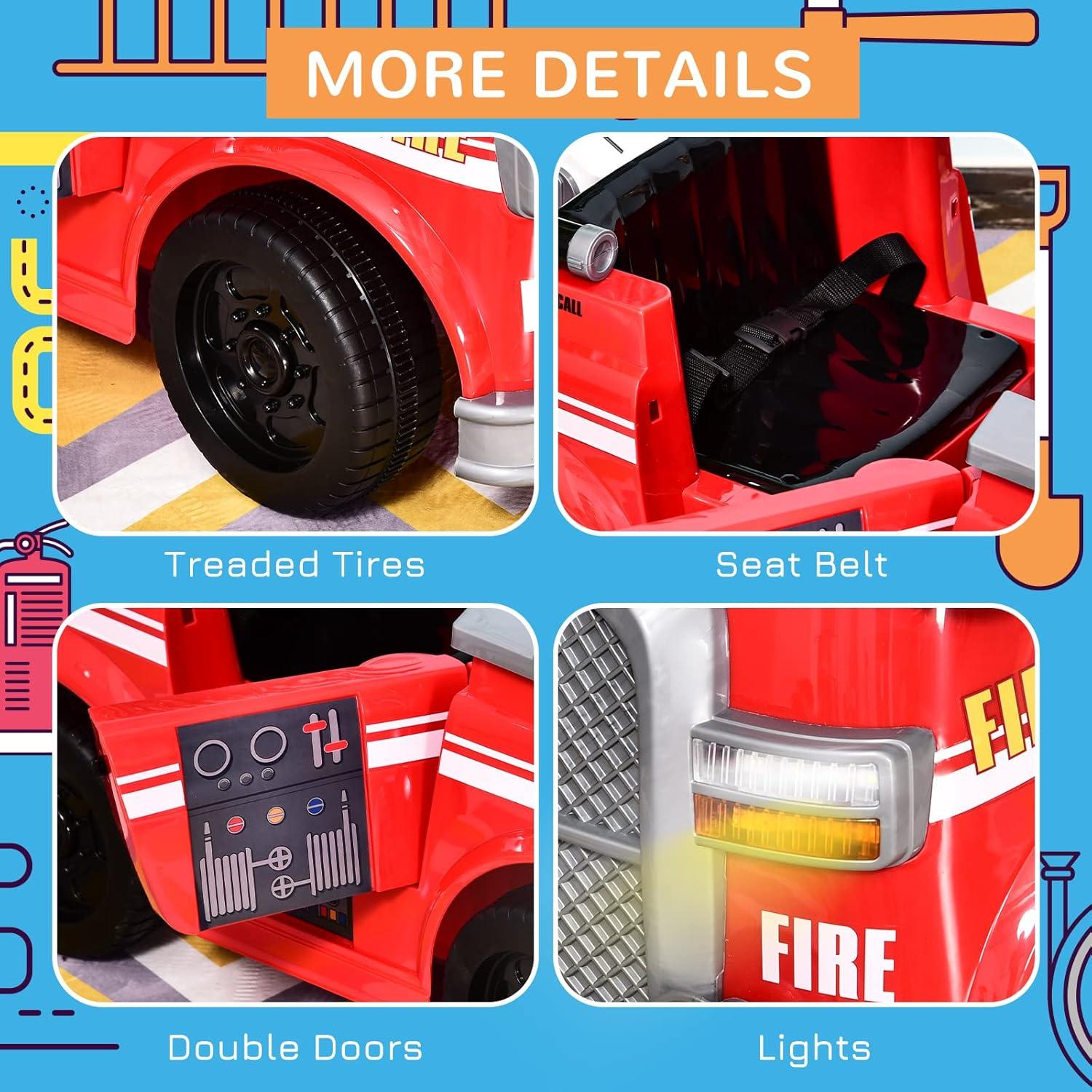 Aosom 6V Electric Ride-On Fire Truck Vehicle for Kids with Remote Control, Music, Lights, and Ladder