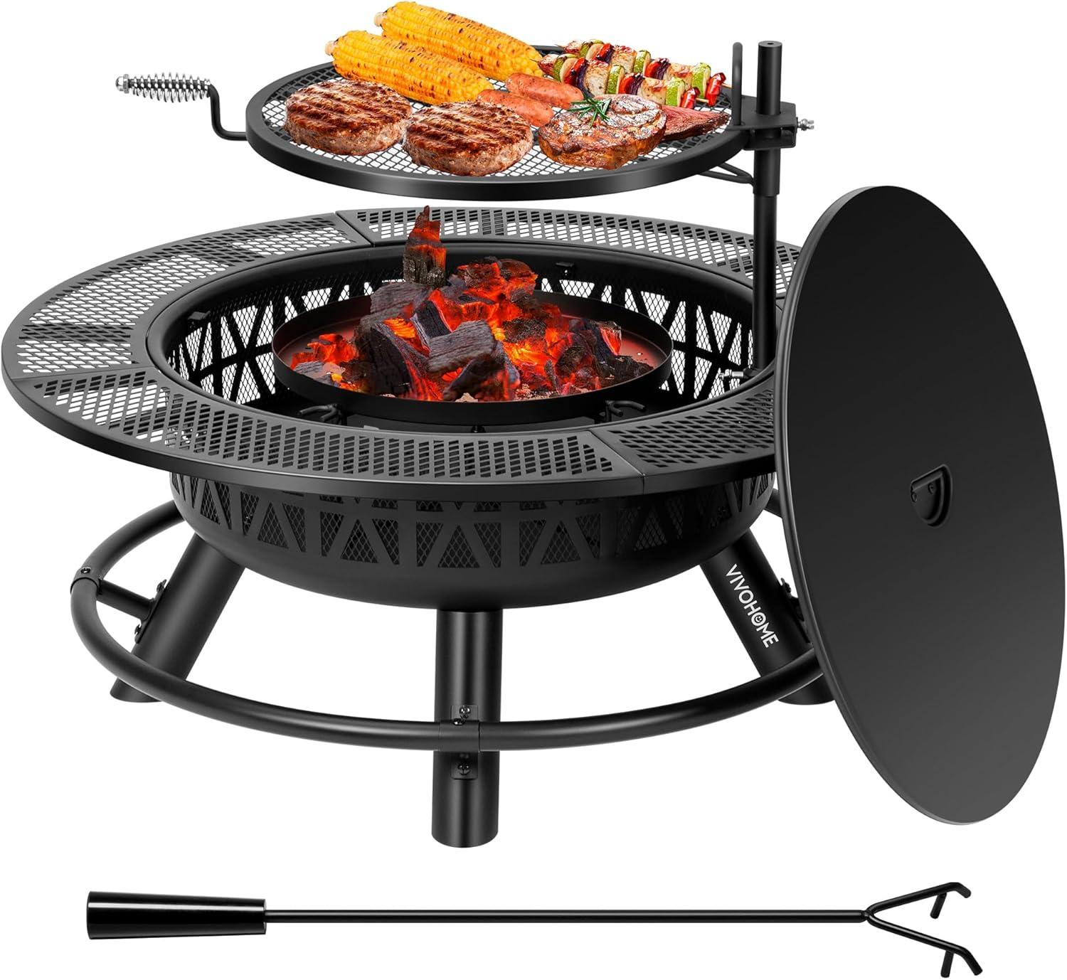 SPECSTAR 3-in-1 Fire Pit，35 in Wood Burning Firepits with Cooking Grill Grate & Charcoal Pan & Cover Lid, Metal Table for Backyard Bonfire BBQ Outdoor Camping Picnic