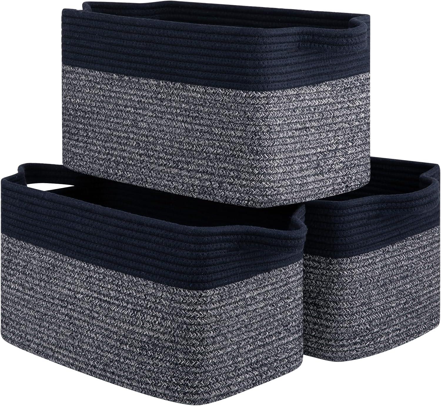 Design 3-Pack Storage Baskets for Shelves, Decorative Baskets for Organizing, Woven Baskets for Storage, Book Basket Cube Storage Bin Box, Pantry Closet and Shoe Organizers, Navy Blue