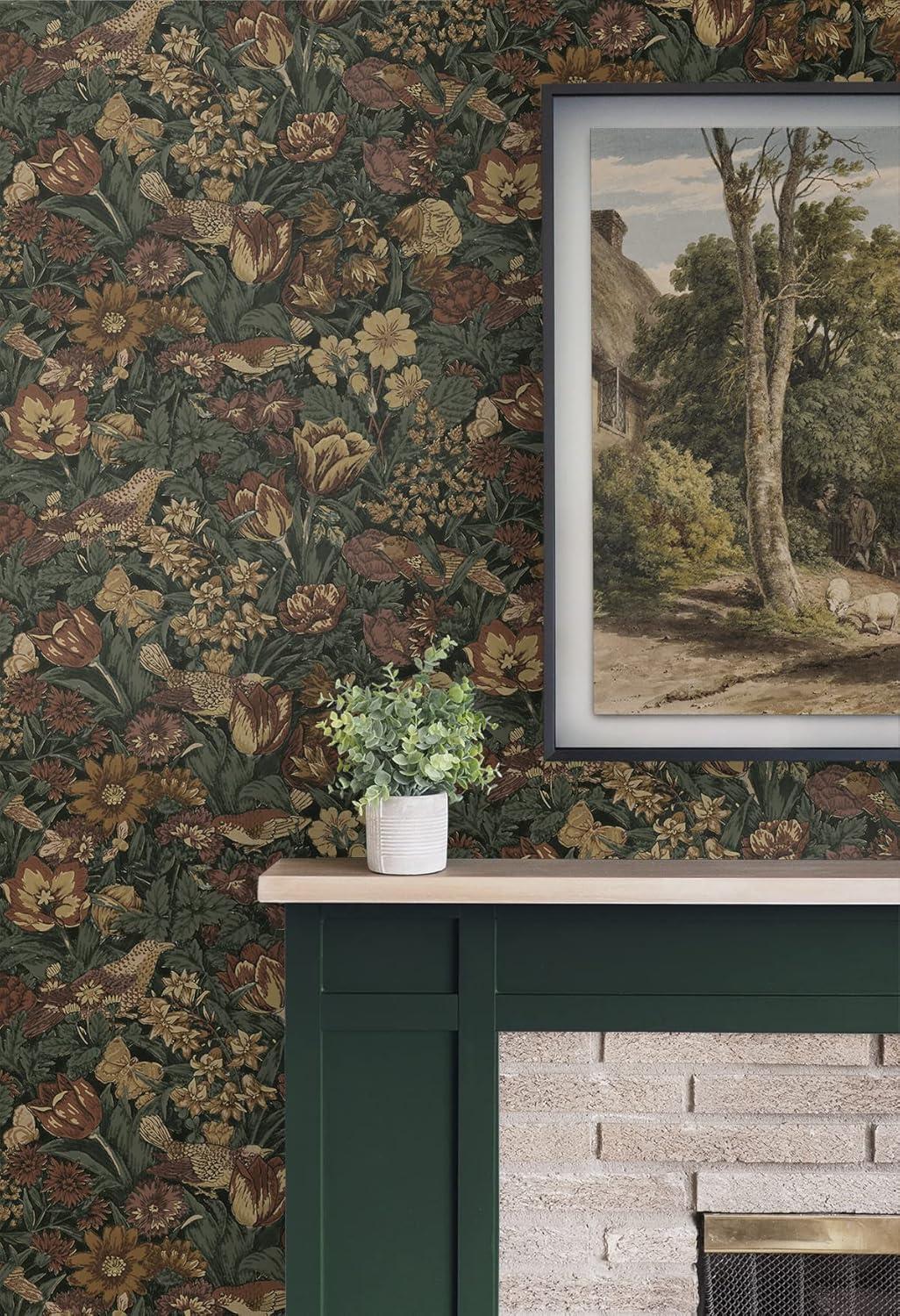 Mahogany and Graphite Bird Floral Pre-pasted Vinyl Wallpaper