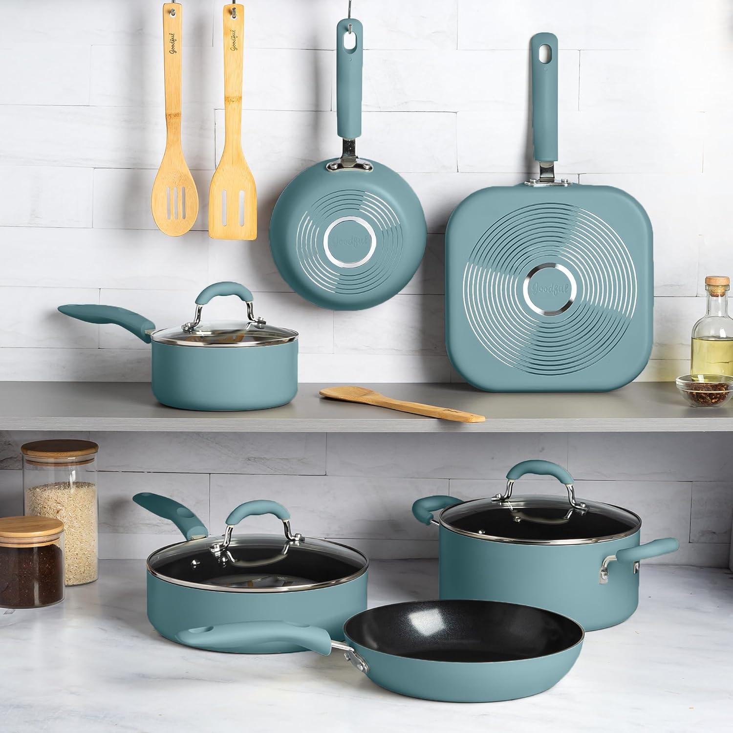 Turquoise 12-Piece Nonstick Aluminum Cookware Set with Glass Lids