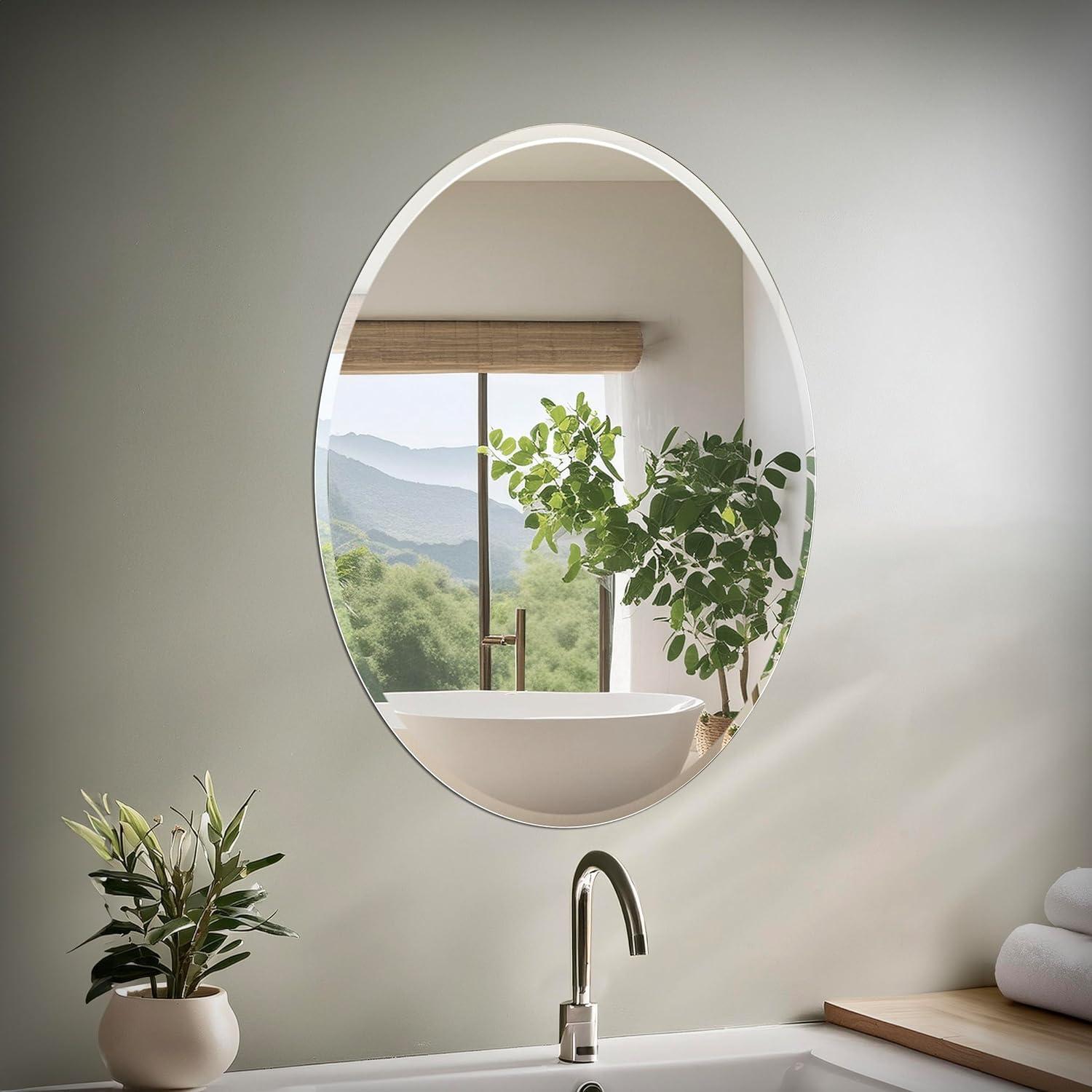 Flush Mount Frameless Beveled Oval Bathroom Vanity Mirror