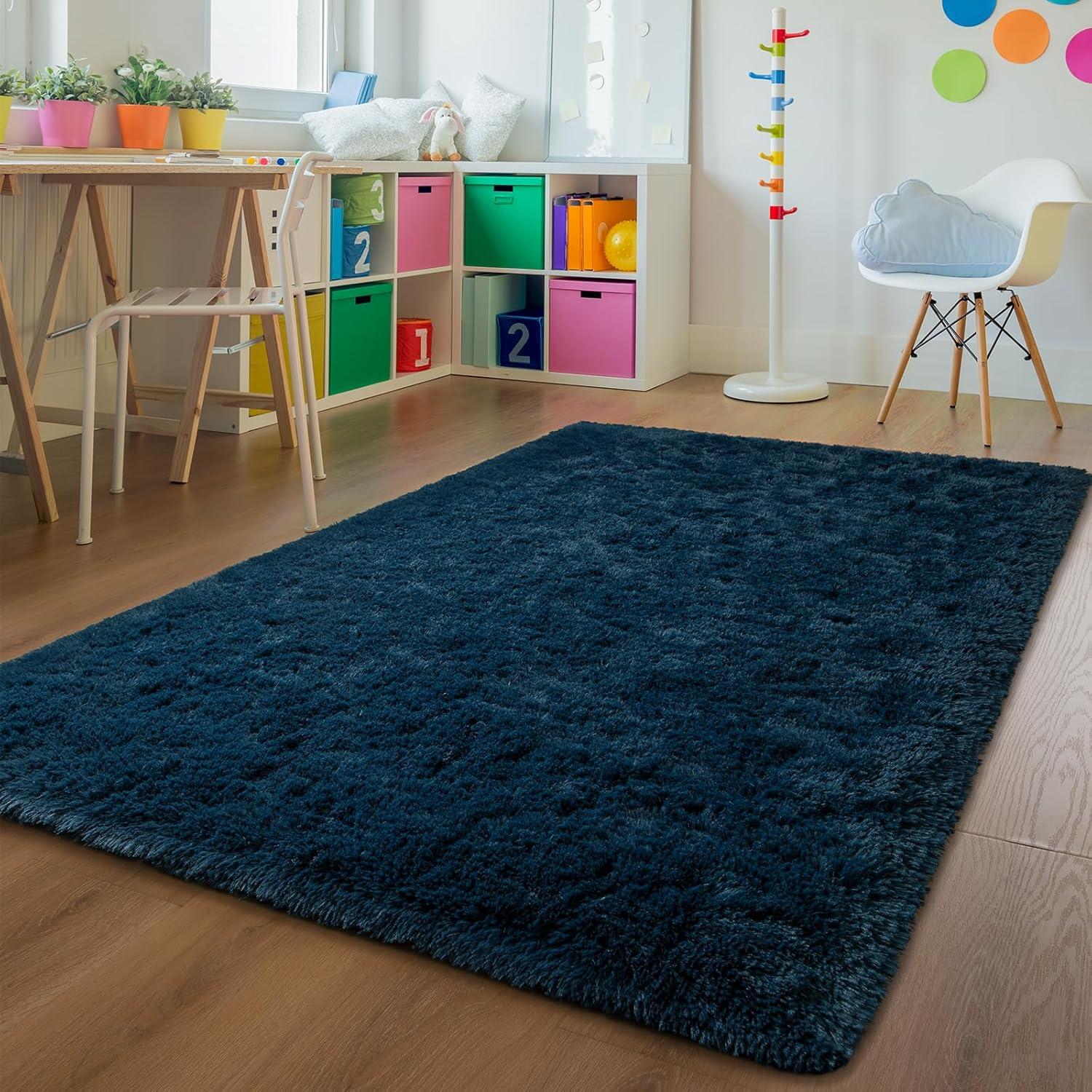 Shag Area Rug For Living Room, 4X6 Feet Navy Blue Soft Fluffy Indoor Plush Throw Rugs For Bedroom Girls Kids Room Nursery Dorm Home Decor Carpet