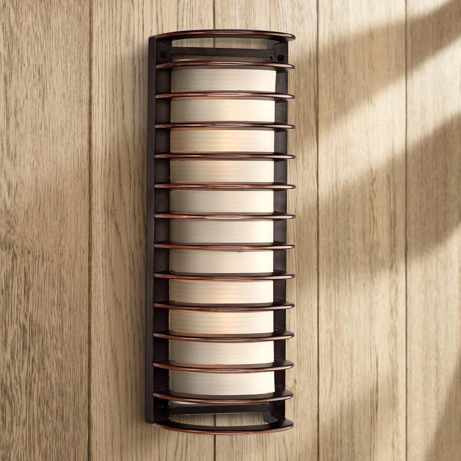 John Timberland Modern Outdoor Wall Light Fixture Rubbed Bronze Grid 16 3/4" Frosted Glass Cylinder for Exterior Porch Patio