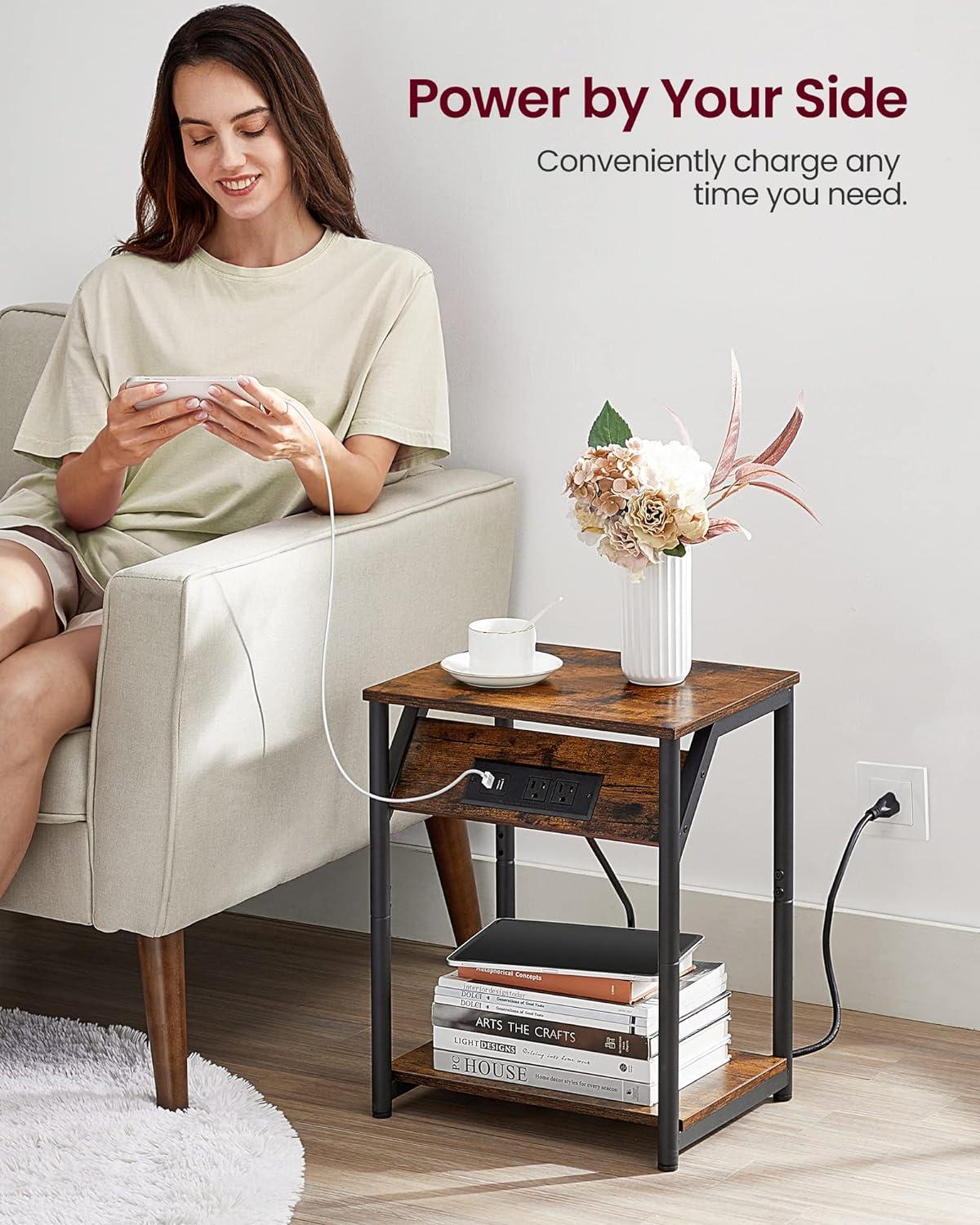 Rustic Brown and Black Metal End Table with Charging Station